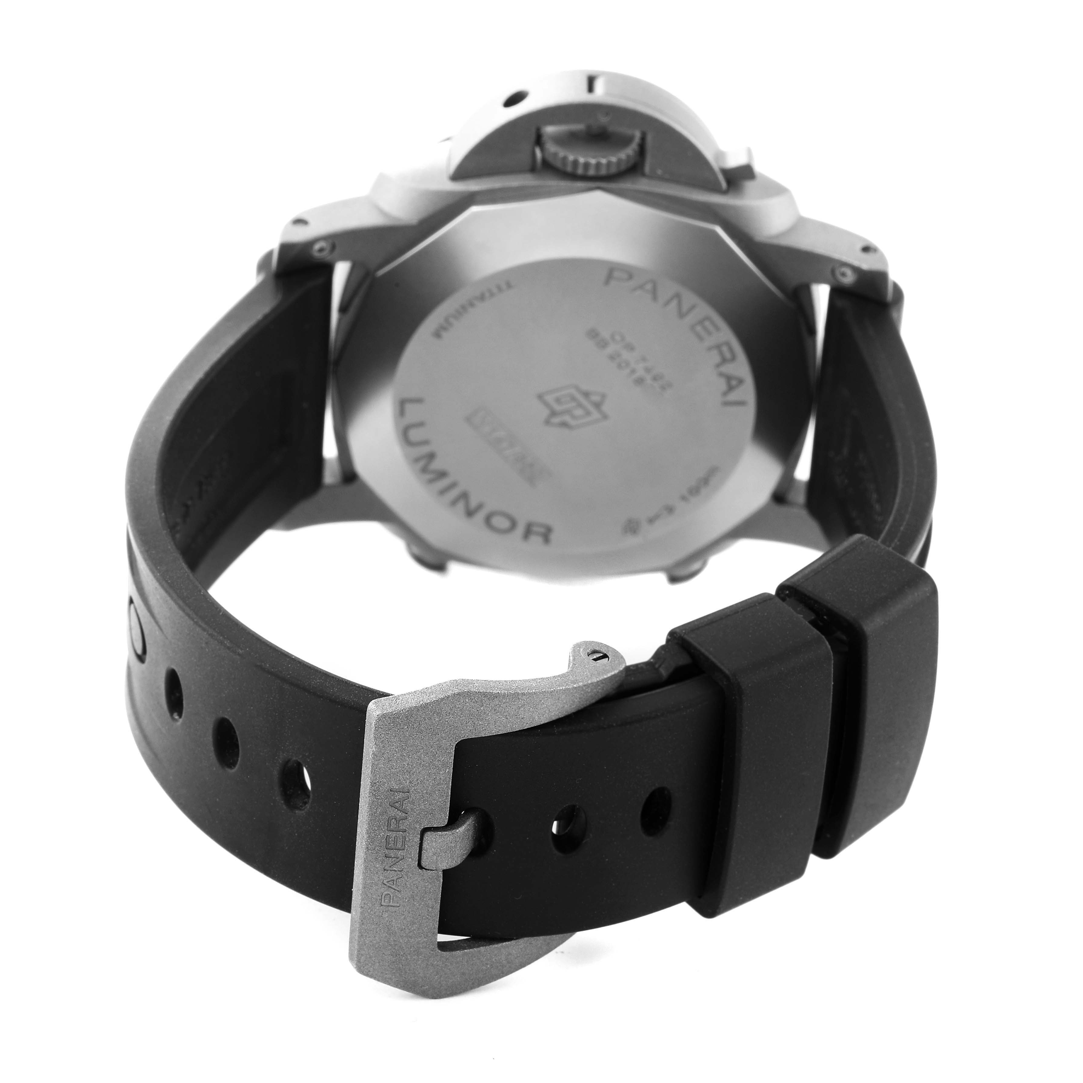 The image shows the back view of a Panerai Luminor PAM01297 Men's Titanium White Dial PAM01297 Men's Titanium White Dial watch, highlighting its case back, rubber strap, and buckle.