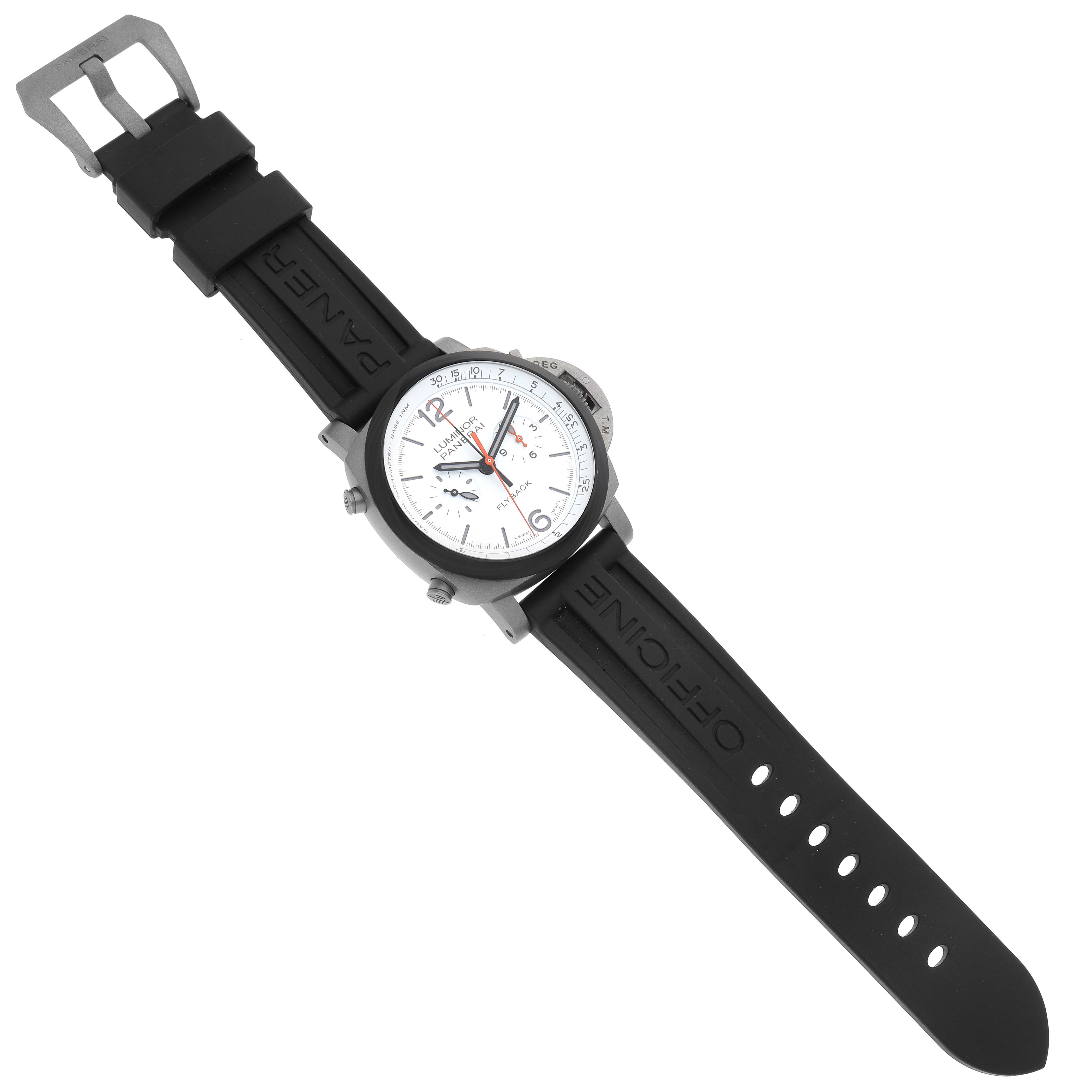 The image shows a top-down view of a Panerai Luminor PAM01297 Men's Titanium White Dial PAM01297 Men's Titanium White Dial watch with a white dial, black rubber strap, and silver buckle.