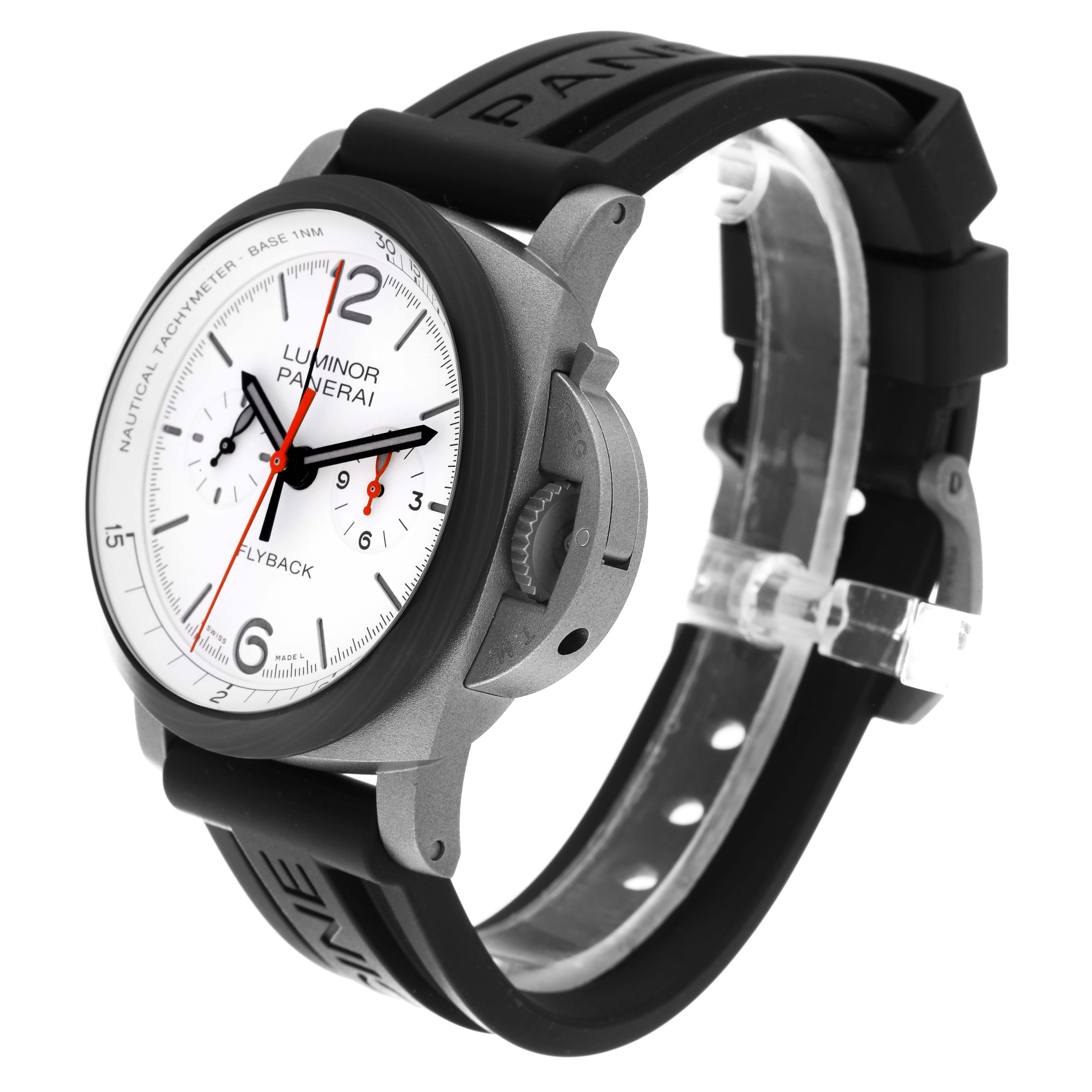 This image shows a Panerai Luminor PAM01297 Men's Titanium White Dial PAM01297 Men's Titanium White Dial watch from a three-quarter front angle, highlighting the dial, bezel, crown guard, and strap.