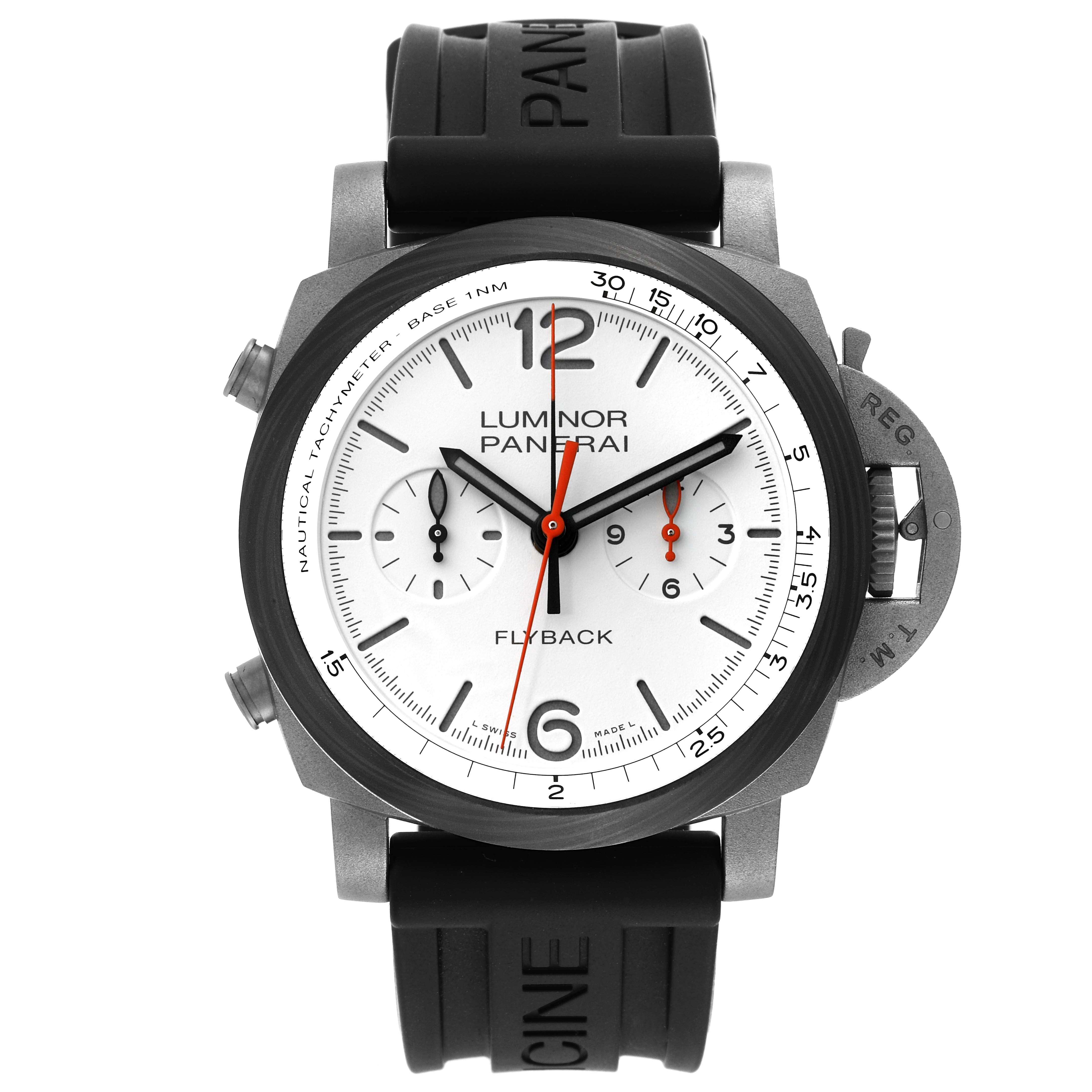 This image shows a front view of the Panerai Luminor PAM01297 Men's Titanium White Dial PAM01297 Men's Titanium White Dial Flyback watch, highlighting the dial, hands, and strap.