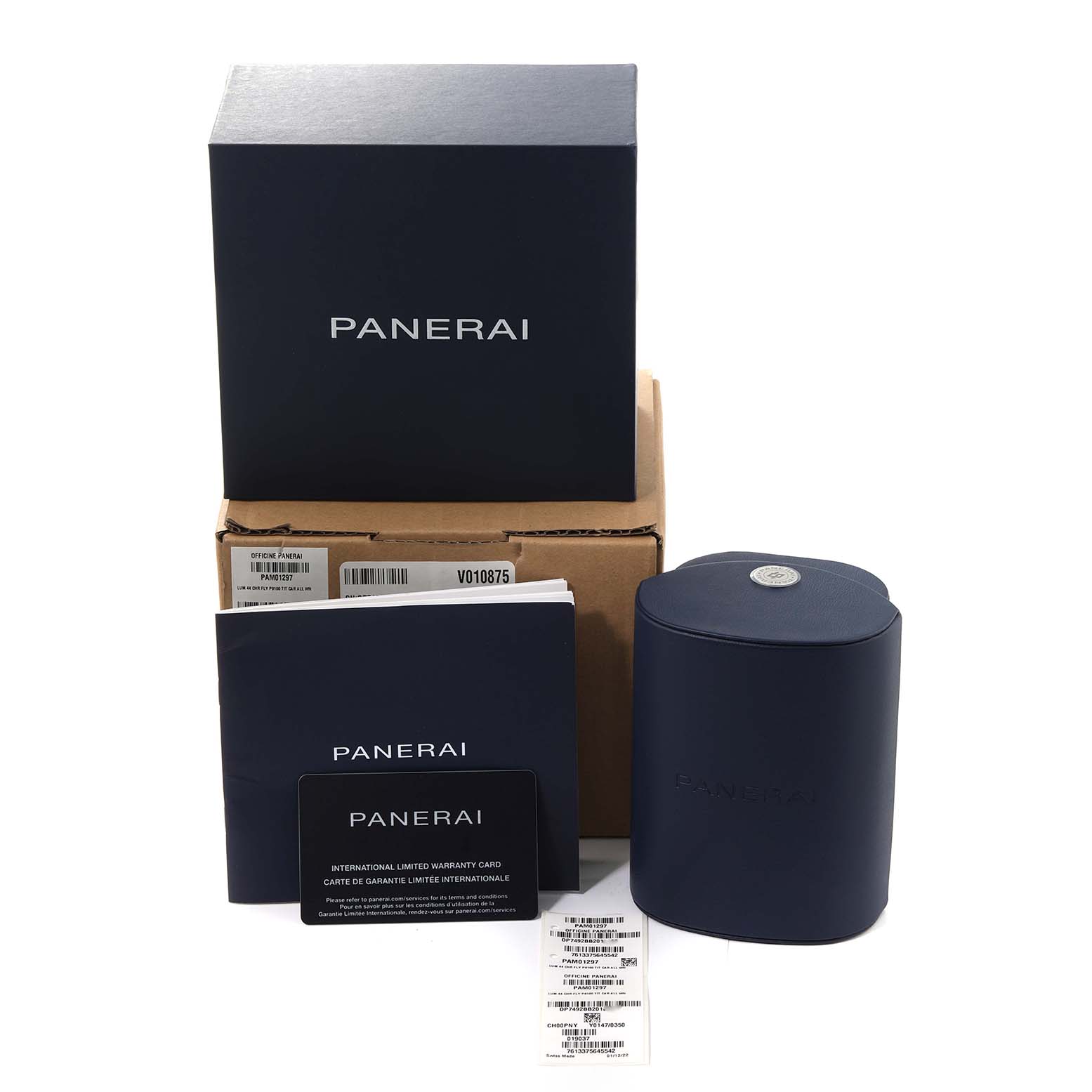 This image shows the packaging, warranty card, booklet, and travel case for the Panerai Luminor PAM01297 Men's Titanium White Dial PAM01297 Men's Titanium White Dial model watch.