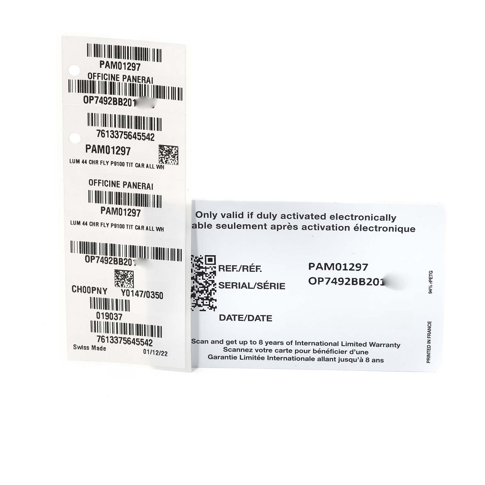 The image shows warranty and serial number cards for the Panerai Luminor PAM01297 Men's Titanium White Dial PAM01297 Men's Titanium White Dial PAM01297 model.