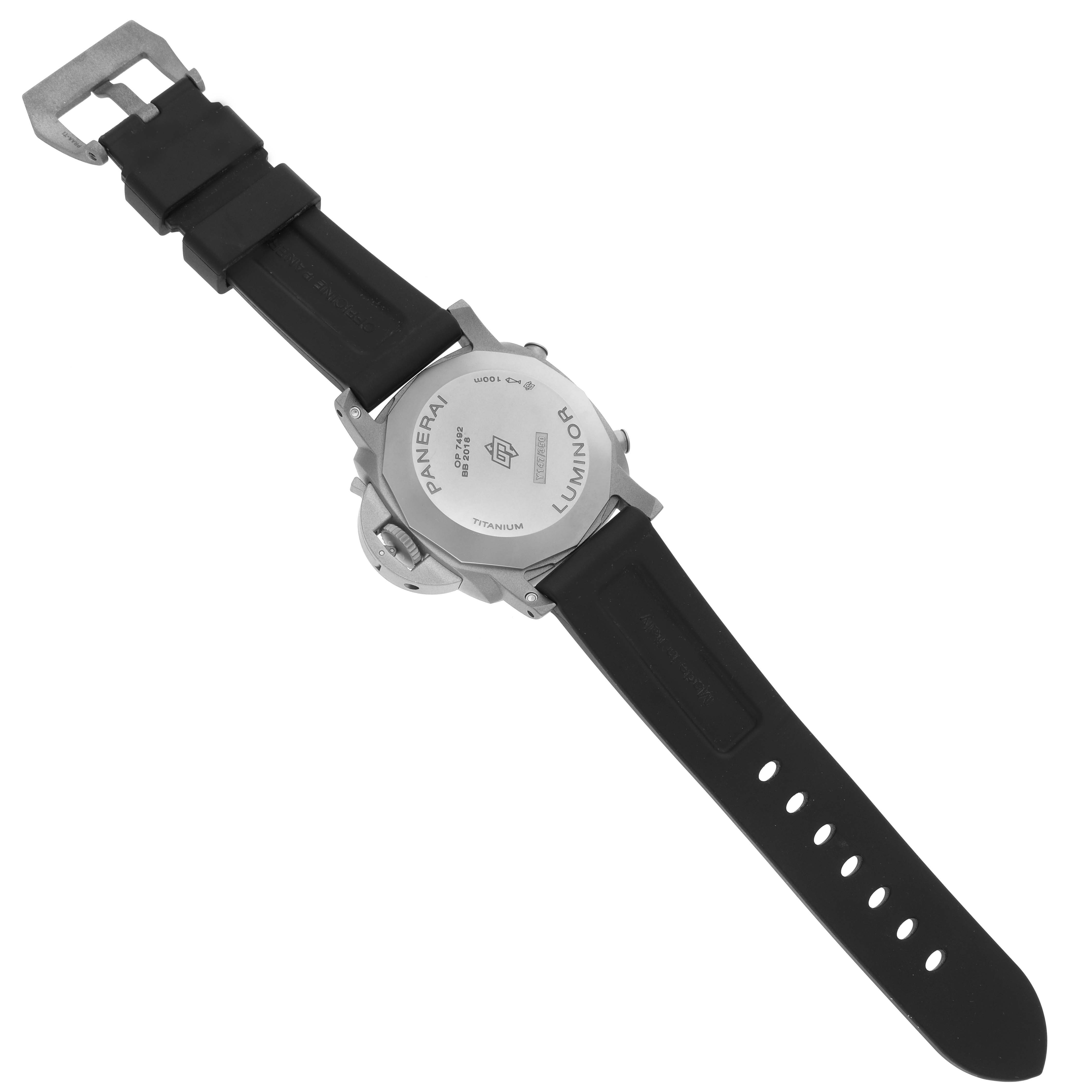 The image shows the back case and strap of a Panerai Luminor PAM01297 Men's Titanium White Dial PAM01297 Men's Titanium White Dial watch, emphasizing the titanium back and buckle.