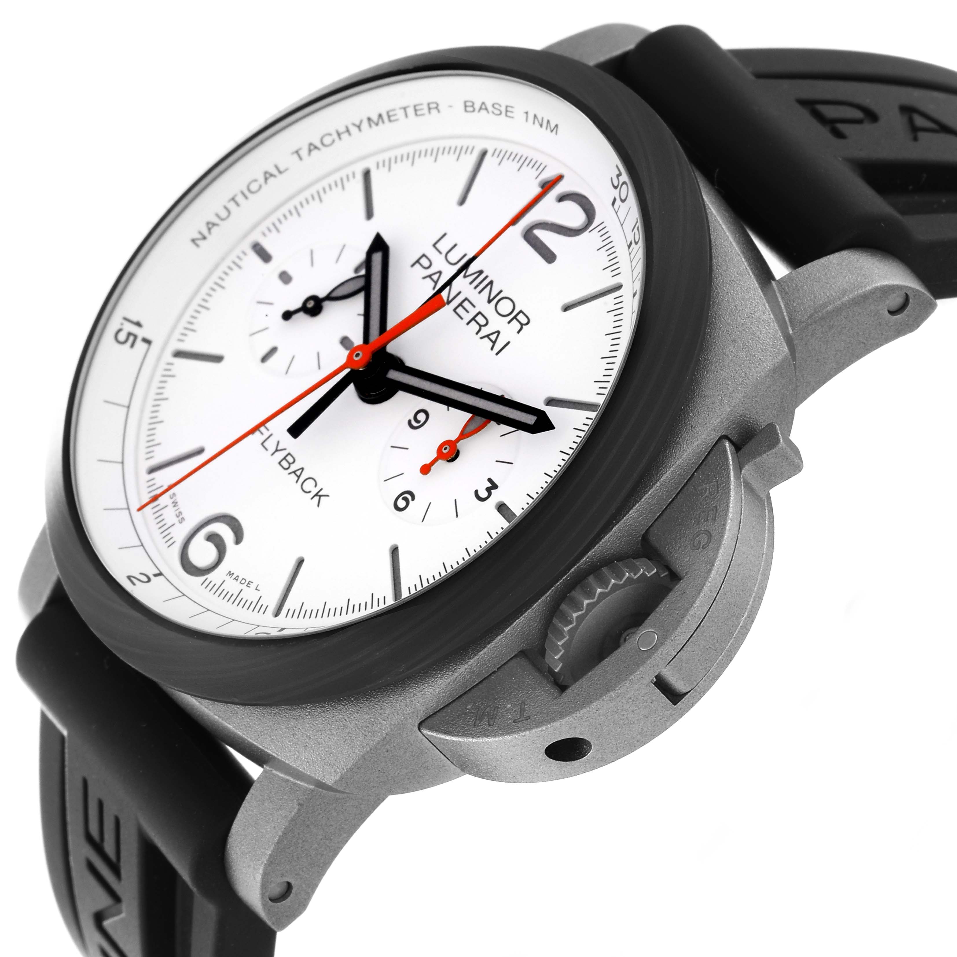 The image shows a close-up angle of the Panerai Luminor PAM01297 Men's Titanium White Dial PAM01297 Men's Titanium White Dial watch face, crown guard, and part of the black rubber strap.