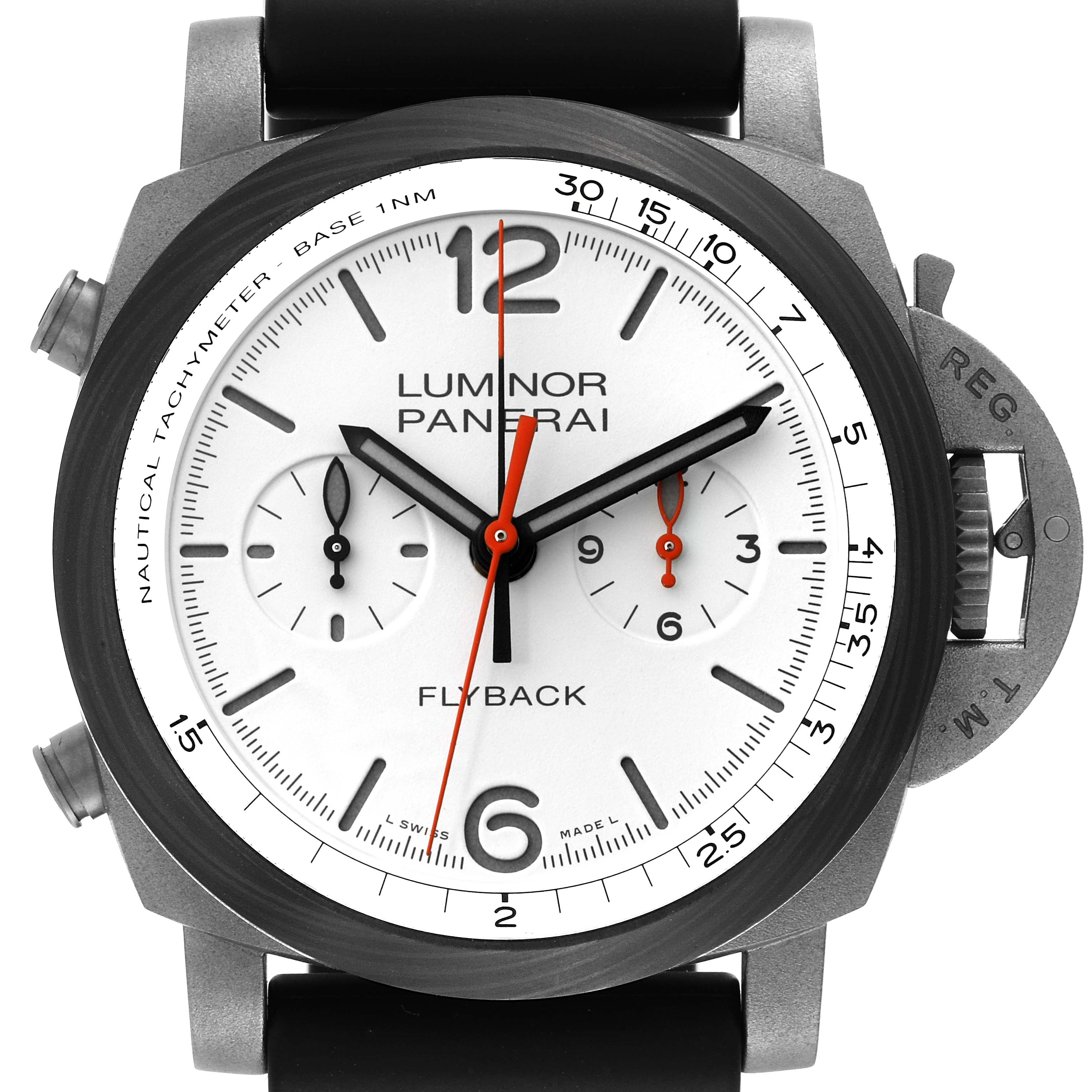 The image shows a frontal view of a Panerai Luminor PAM01297 Men's Titanium White Dial PAM01297 Men's Titanium White Dial watch displaying its dial, hands, subdials, and the distinctive crown guard.