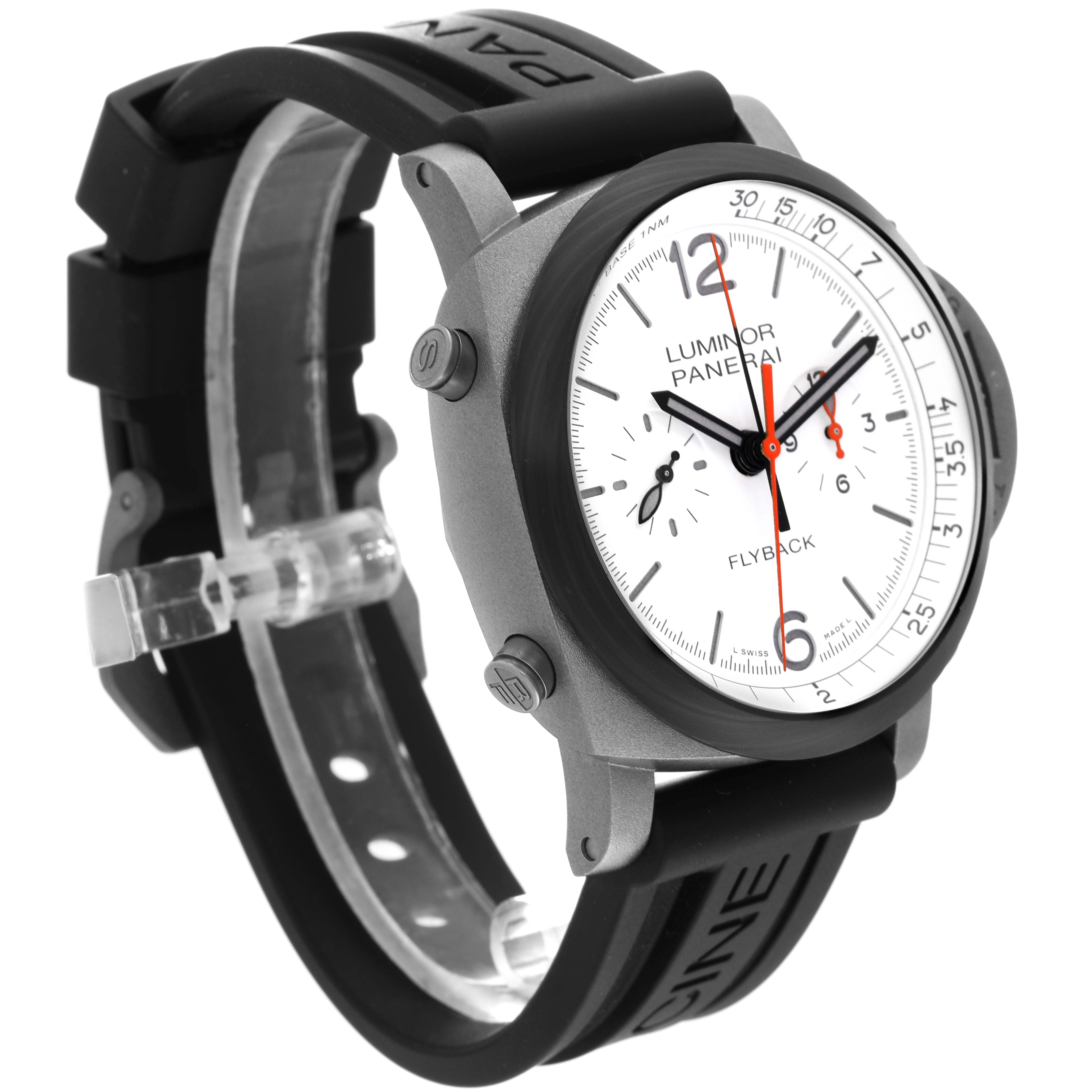 The image shows a Panerai Luminor PAM01297 Men's Titanium White Dial PAM01297 Men's Titanium White Dial watch at a three-quarter angle, highlighting its face, case, and strap.