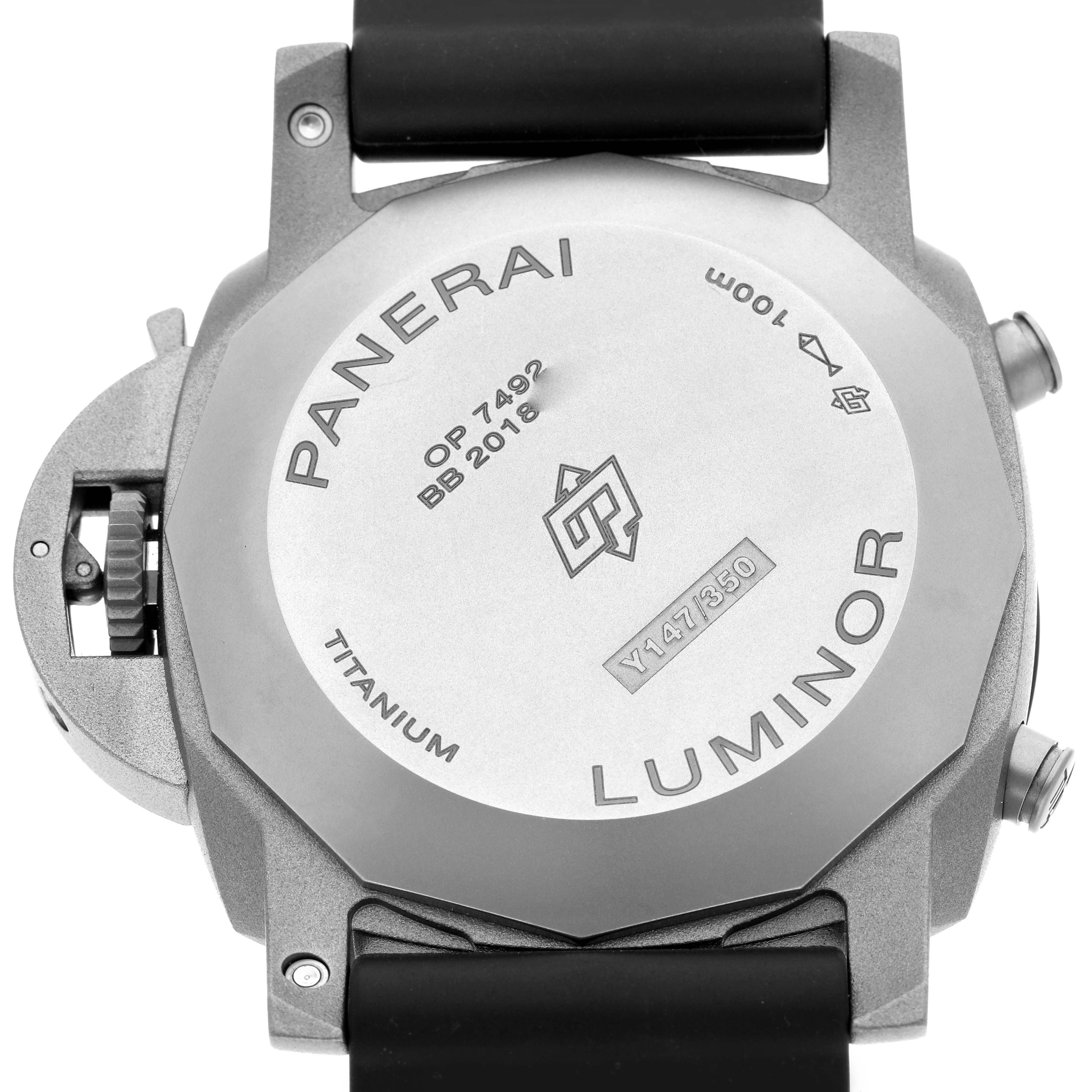 This image shows the back case of a Panerai Luminor PAM01297 Men's Titanium White Dial PAM01297 Men's Titanium White Dial watch, highlighting the titanium material and model details.