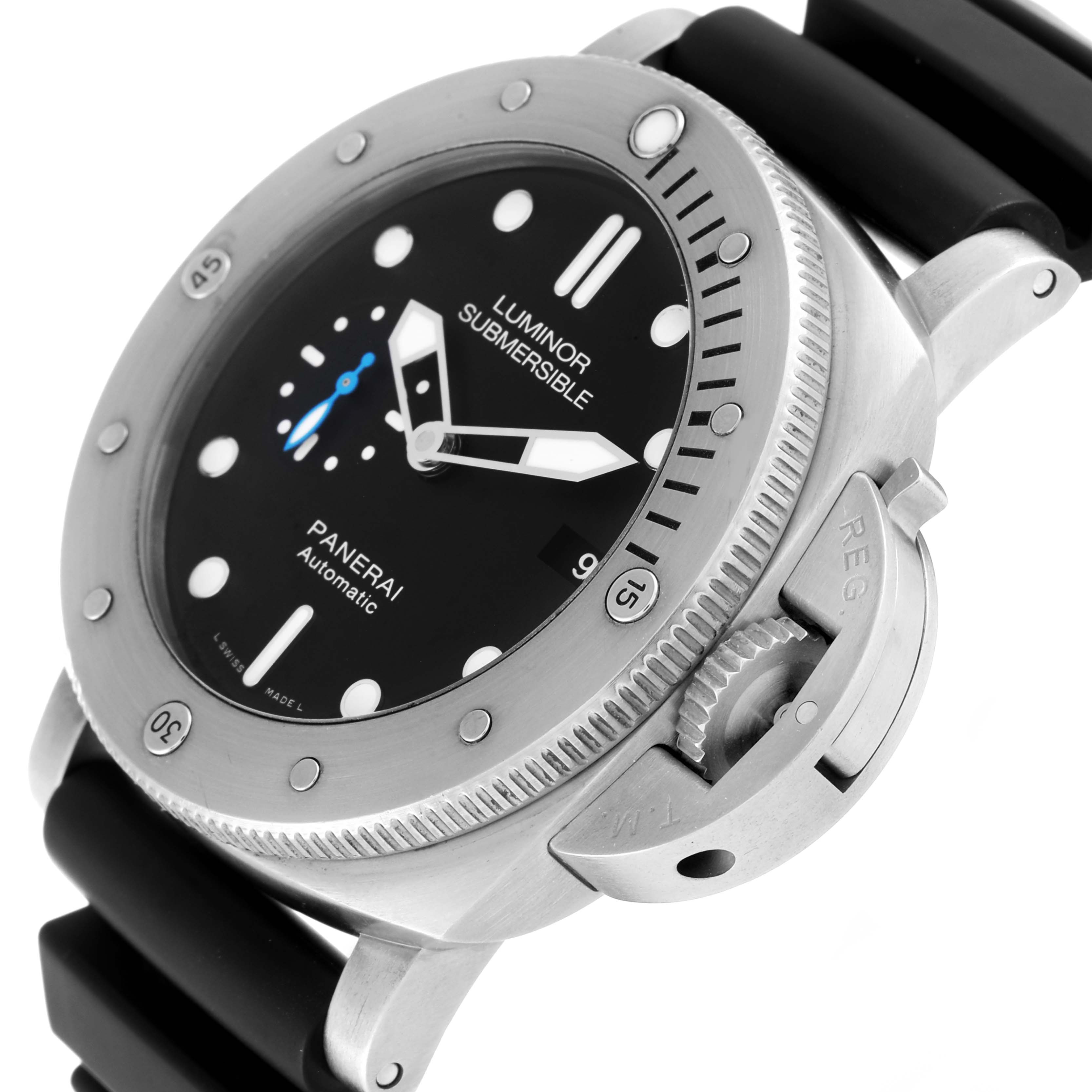 The image shows a close-up side angle of the Panerai Luminor Submersible watch, highlighting the bezel, dial, and crown guard.