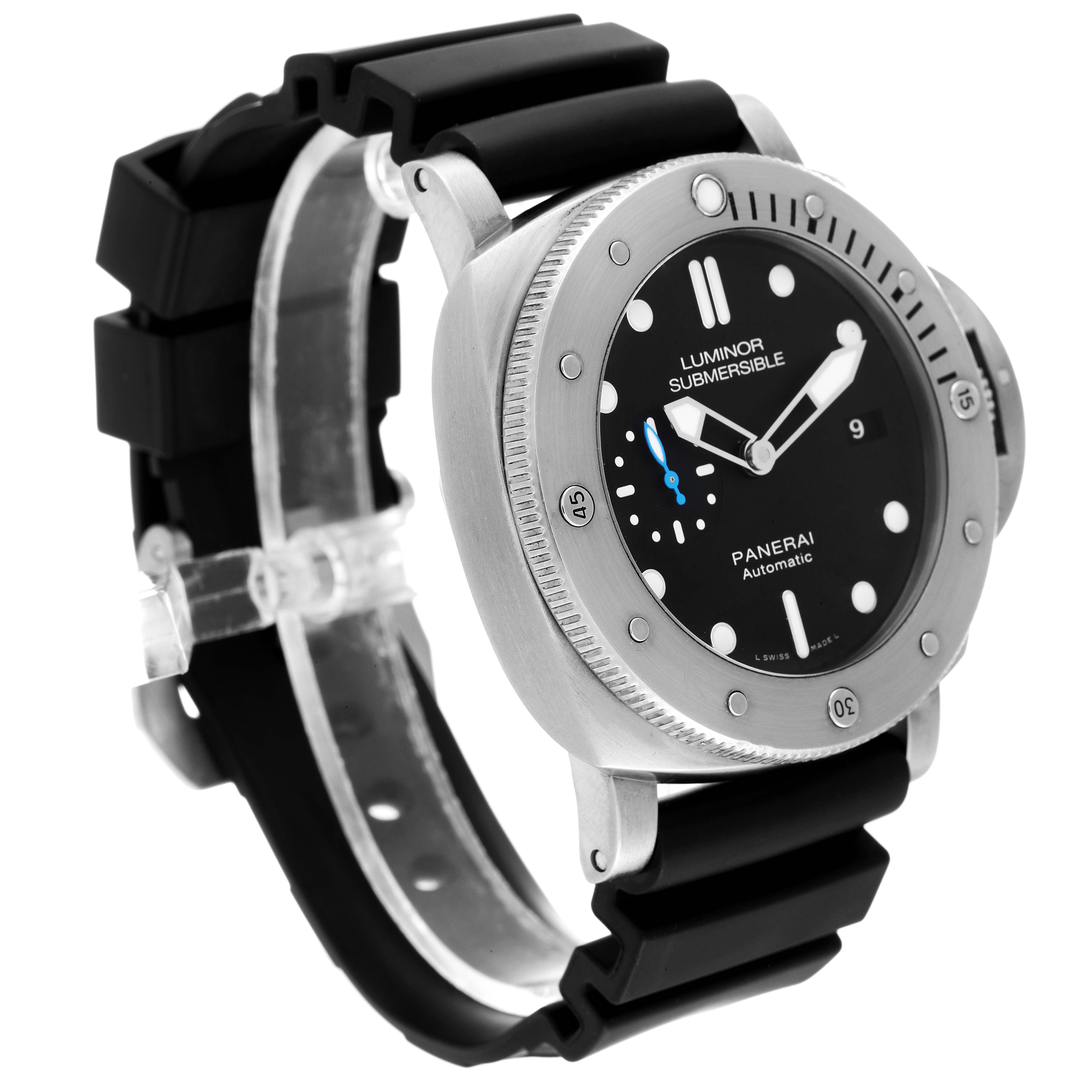 This image shows a Panerai Submersible PAM01305 Men's Stainless Steel Black Dial PAM01305 Men's Stainless Steel Black Dial watch at a three-quarter angle, highlighting the face, bezel, and strap.