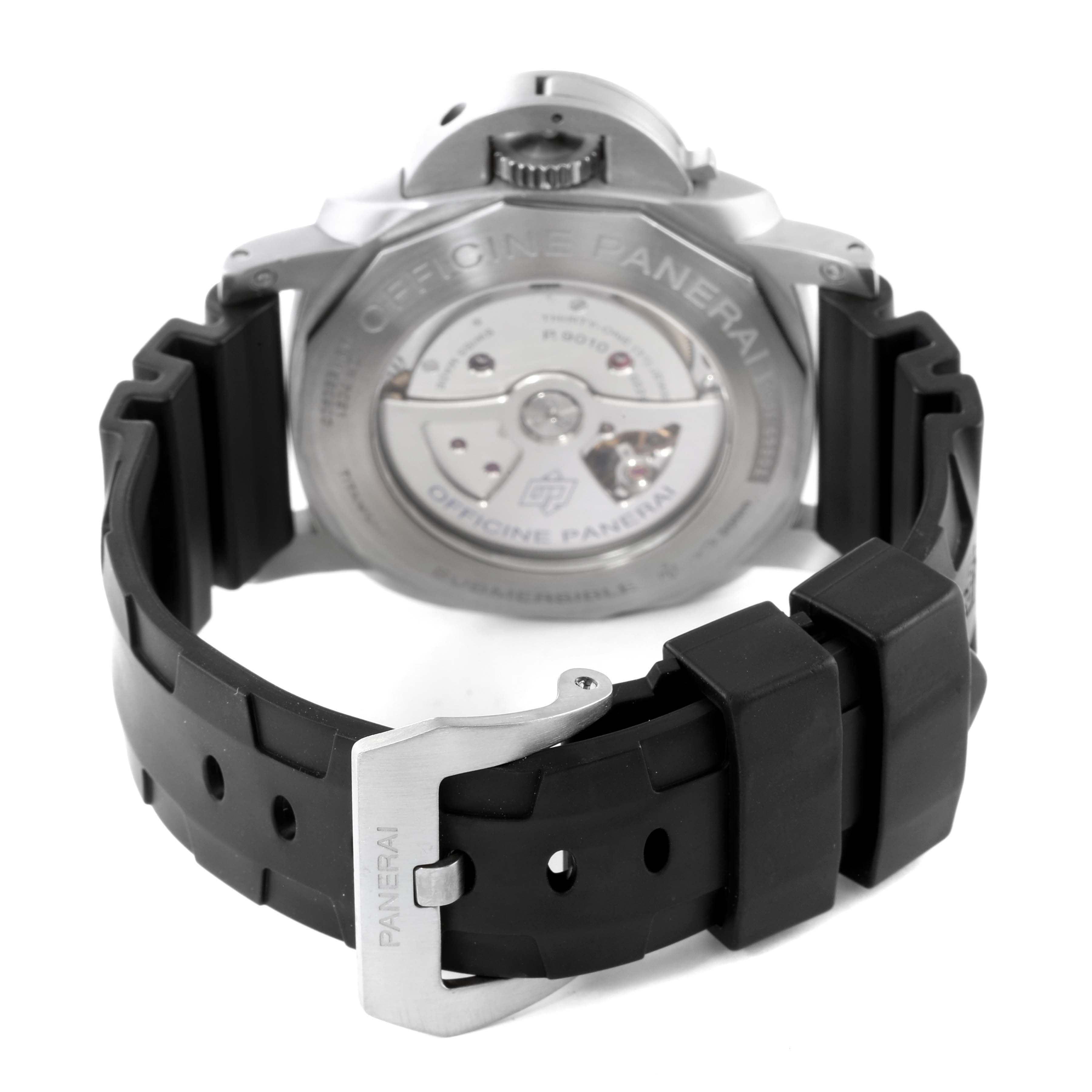 The image shows the rear view of a Panerai Submersible PAM01305 Men's Stainless Steel Black Dial PAM01305 Men's Stainless Steel Black Dial watch, focusing on the case back and black rubber strap with a Panerai-engraved buckle.