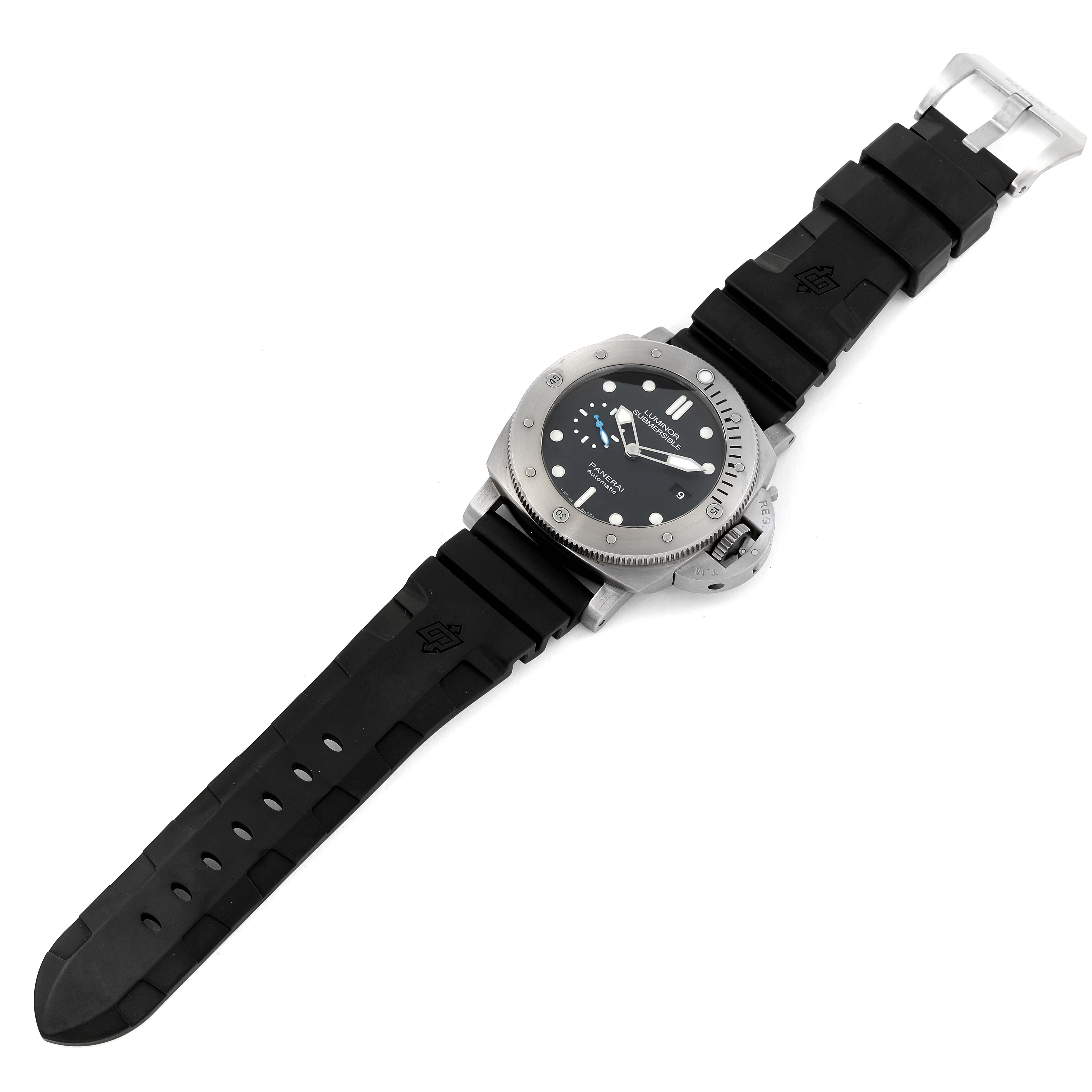 The Panerai Submersible PAM01305 Men's Stainless Steel Black Dial PAM01305 Men's Stainless Steel Black Dial watch is displayed from a top-down angle, showing the face, bezel, and rubber strap.