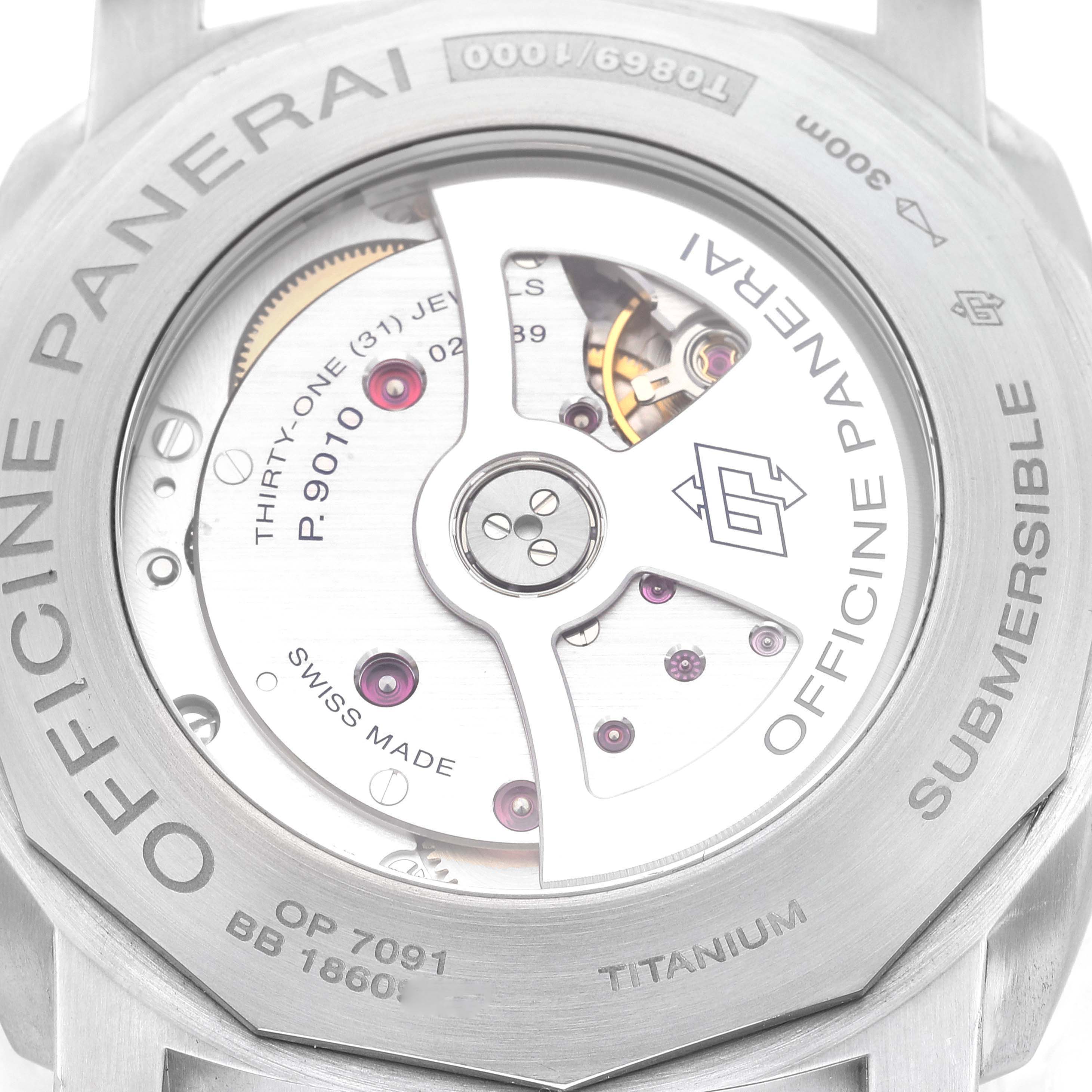 The image shows the back of a Panerai Submersible PAM01305 Men's Stainless Steel Black Dial PAM01305 Men's Stainless Steel Black Dial watch, revealing its inner mechanical movement.