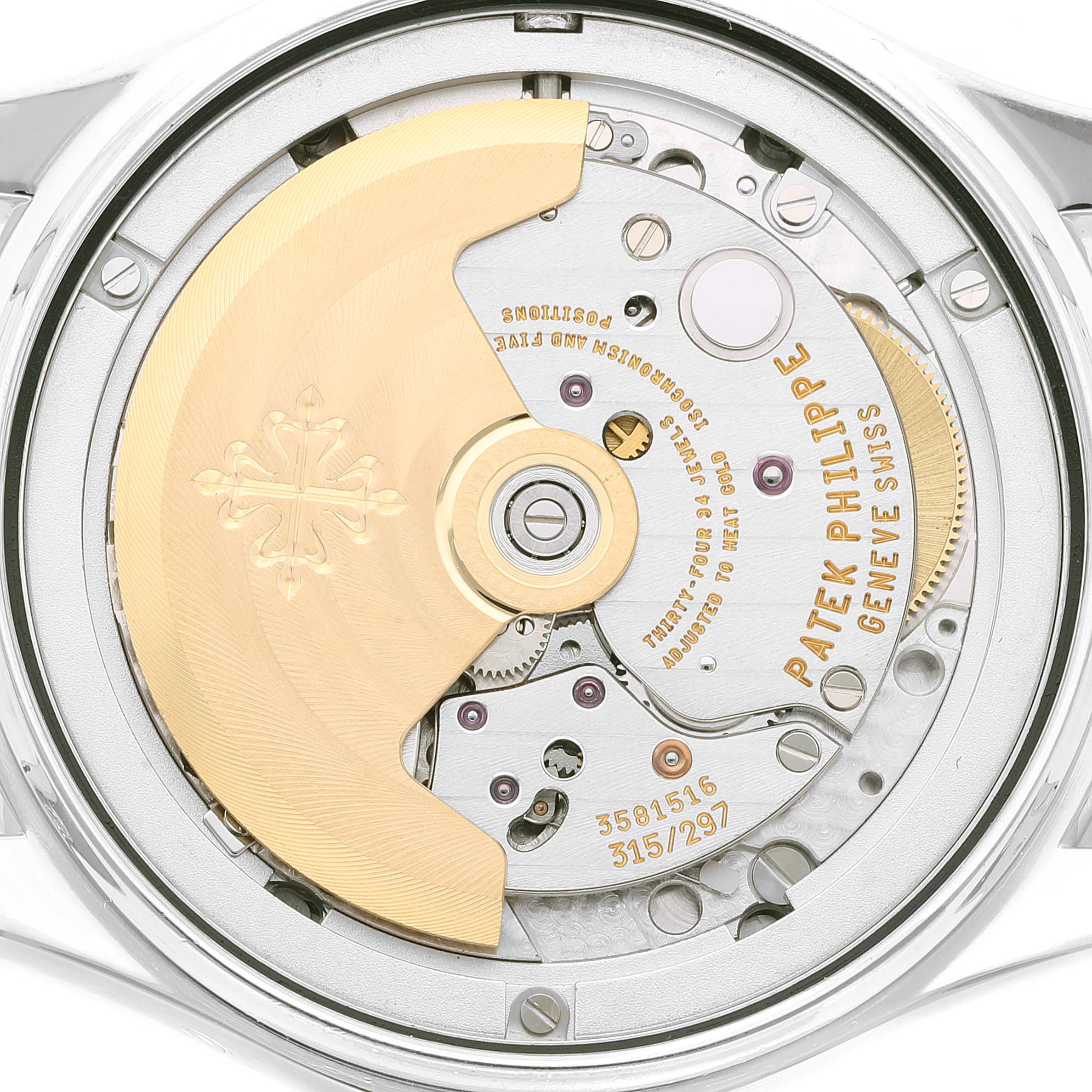 The image shows the back view of the Patek Philippe Complications 4936G - 001 Men's White Gold Mother of Pearl Dial 4936G - 001 Men's White Gold Mother of Pearl Dial model, highlighting the movement and internal mechanisms.