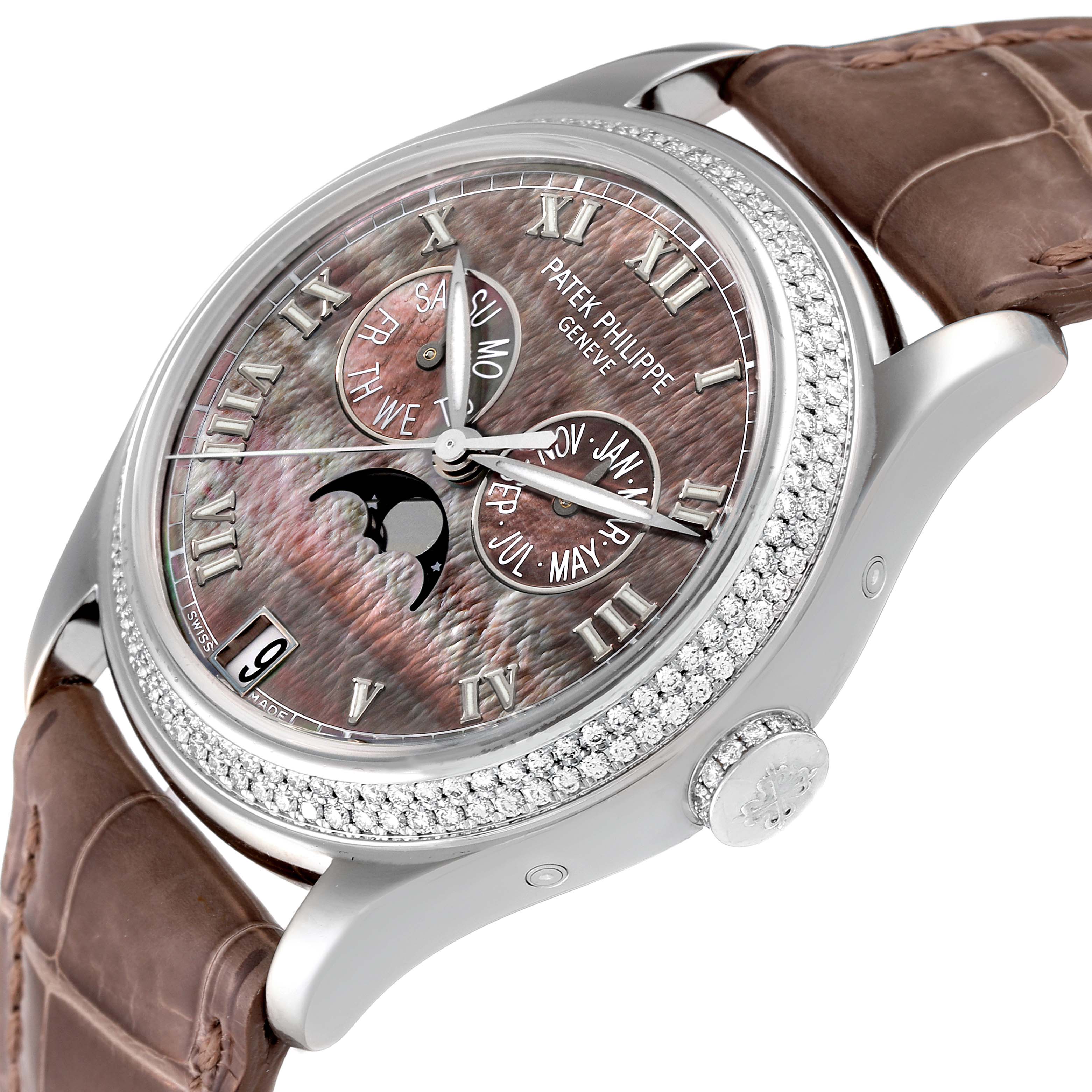 The image shows a Patek Philippe Complications 4936G - 001 Men's White Gold Mother of Pearl Dial 4936G - 001 Men's White Gold Mother of Pearl Dial model watch at a slight side angle, highlighting its dials, diamond bezel, and leather strap.