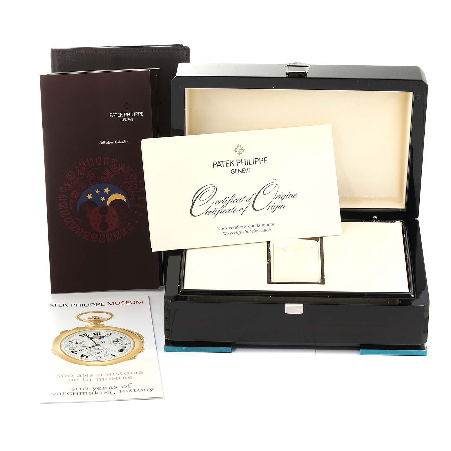 The image shows a Patek Philippe Complications 4936G - 001 Men's White Gold Mother of Pearl Dial 4936G - 001 Men's White Gold Mother of Pearl Dial model watch box, certificate of origin, user guide, and a museum booklet.