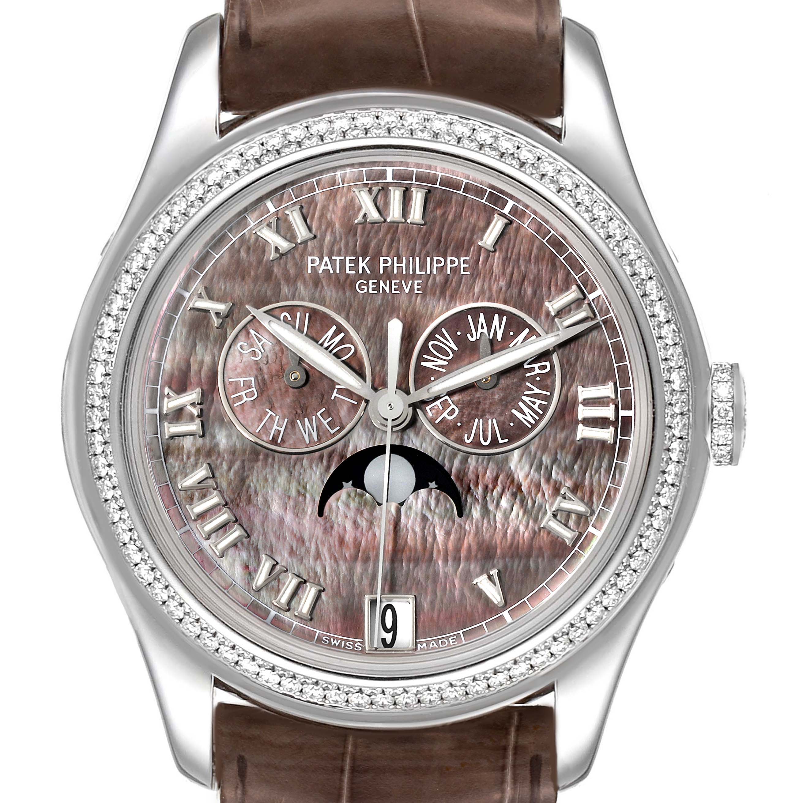 The image shows a front angle of a Patek Philippe Complications 4936G - 001 Men's White Gold Mother of Pearl Dial 4936G - 001 Men's White Gold Mother of Pearl Dial model watch, highlighting its intricate dial and bezel.