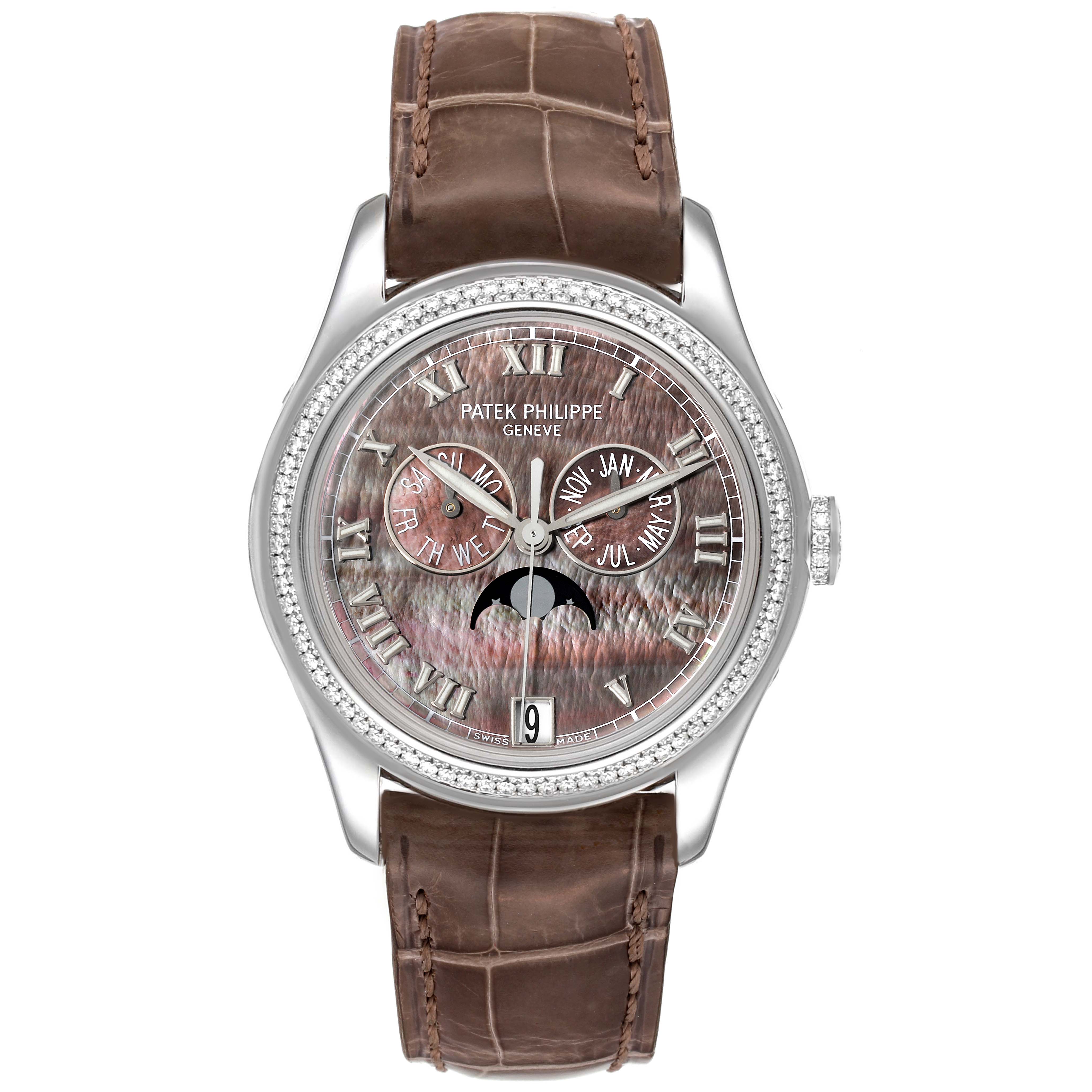 The image shows a front view of a Patek Philippe Complications 4936G - 001 Men's White Gold Mother of Pearl Dial 4936G - 001 Men's White Gold Mother of Pearl Dial watch with a brown leather strap.
