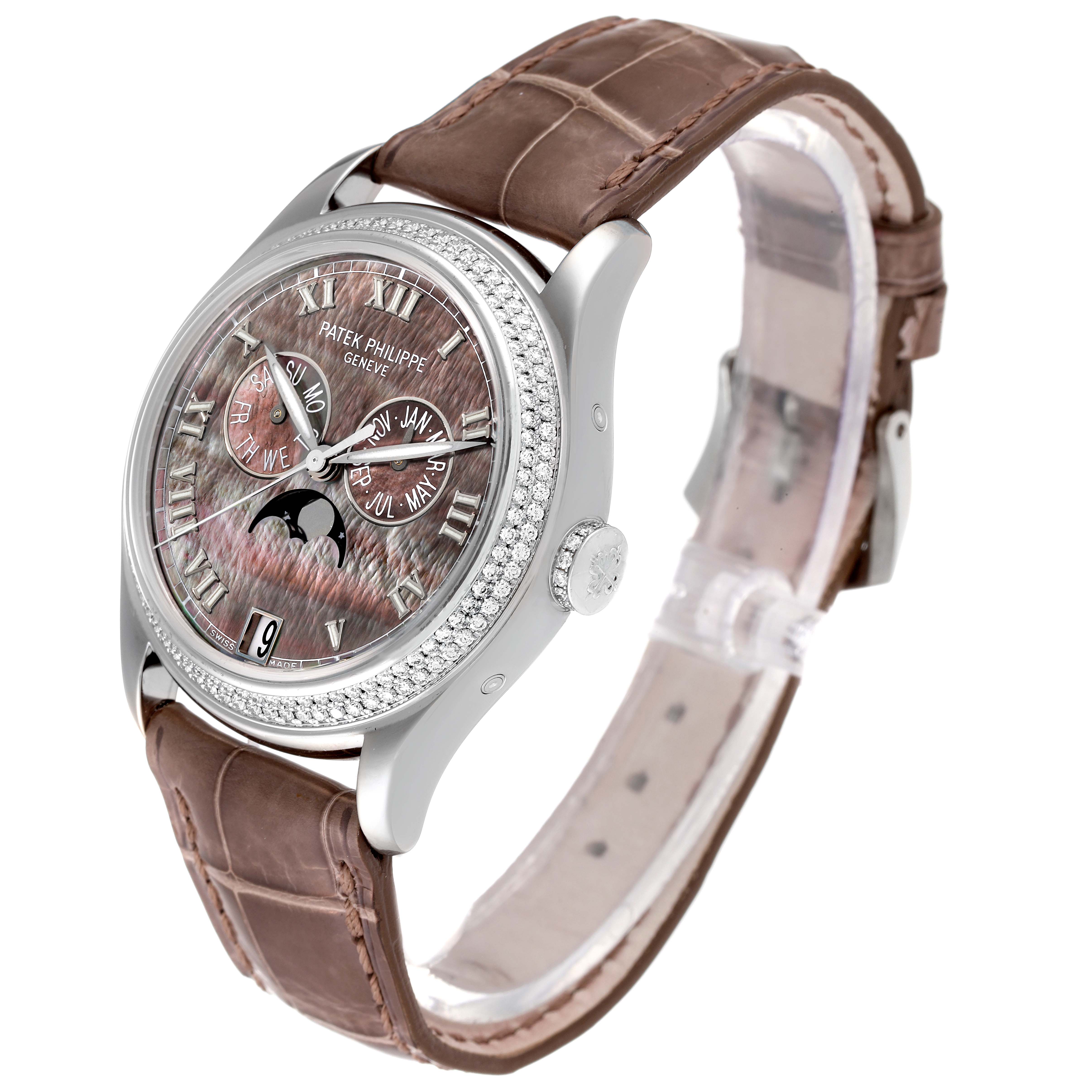 The image shows a side view angle of a Patek Philippe Complications 4936G - 001 Men's White Gold Mother of Pearl Dial 4936G - 001 Men's White Gold Mother of Pearl Dial model watch, highlighting its face, bezel, and strap.