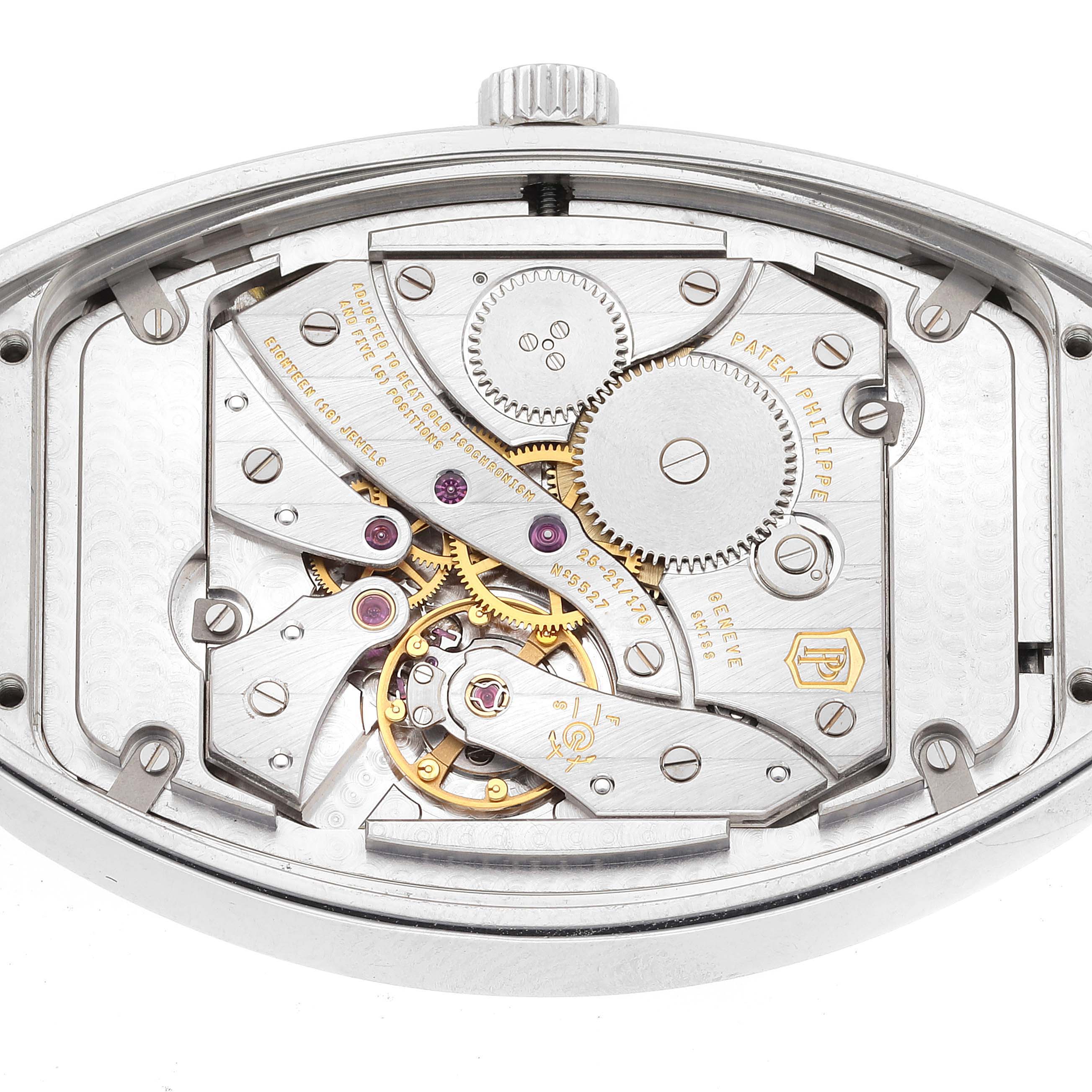 The image shows the intricate internal mechanism of the Patek Philippe Gondolo 5098P Men
s Platinum Silver Dial 5098P Men
s Platinum Silver Dial watch from a top-down angle.