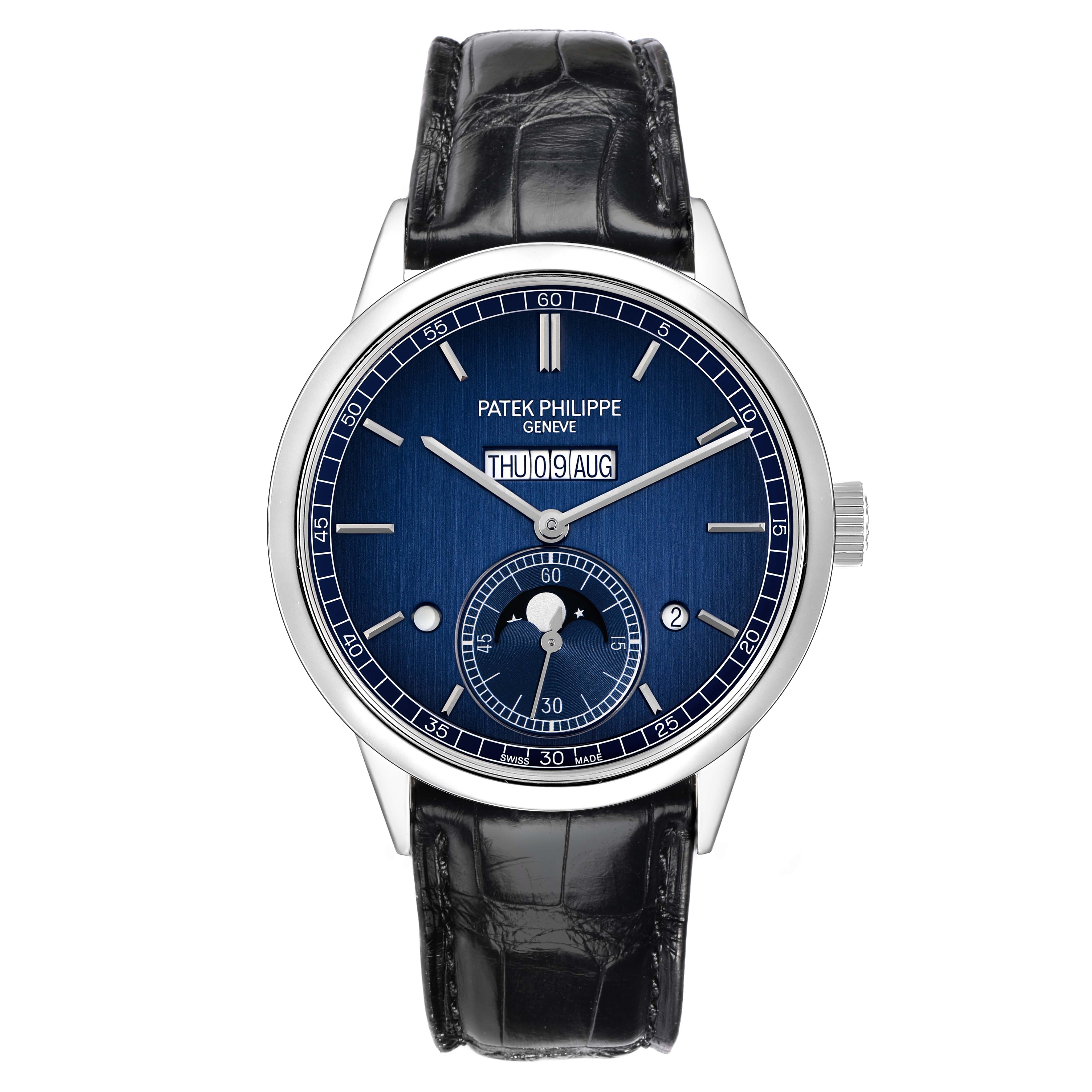 The Patek Philippe Complications 5236P Men's Platinum Blue Dial model is shown from a front angle, highlighting its blue dial, date display, and leather strap.
