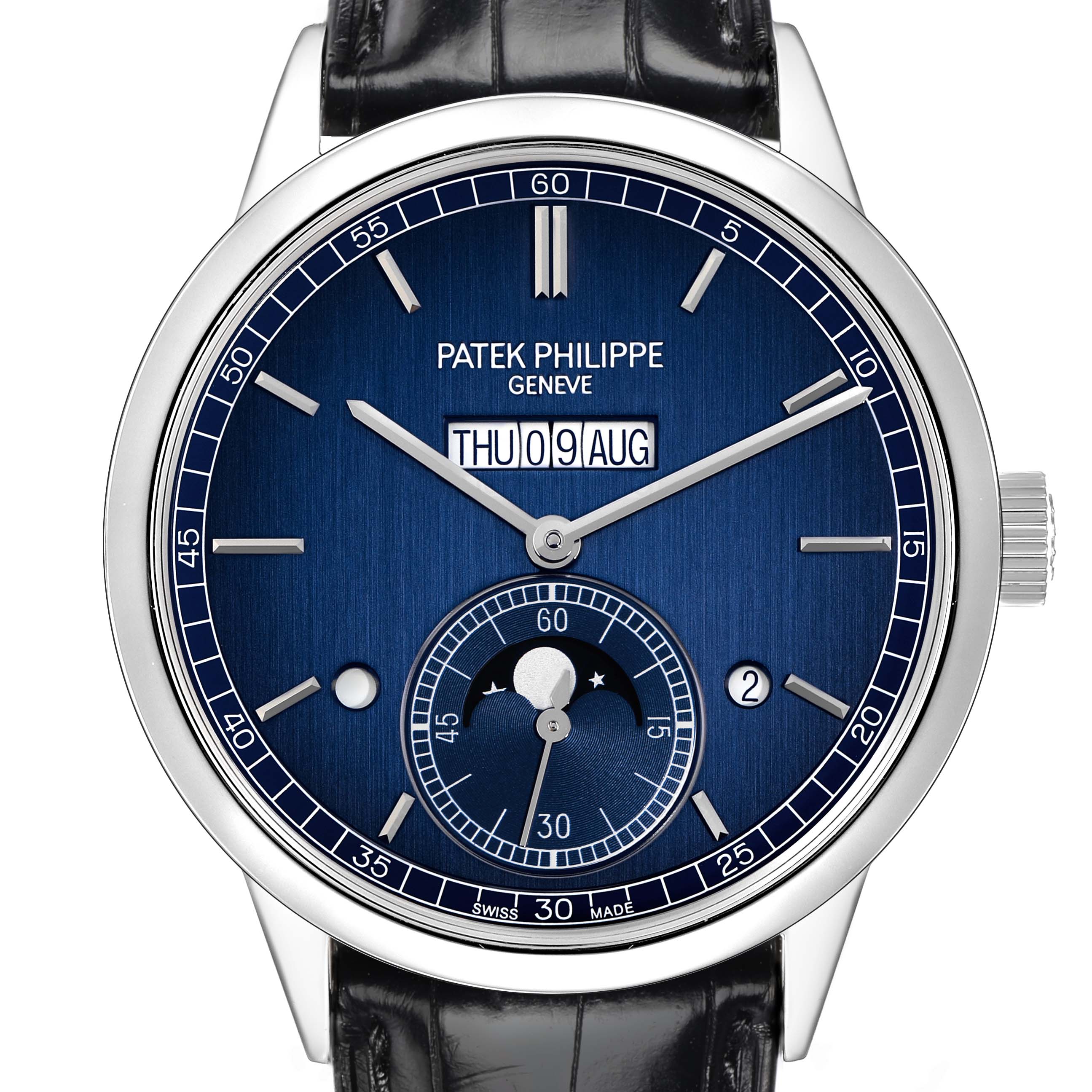 The Patek Philippe Complications 5236P Men's Platinum Blue Dial watch is shown from the front, displaying the dial, hands, date, and moon phase subdial.