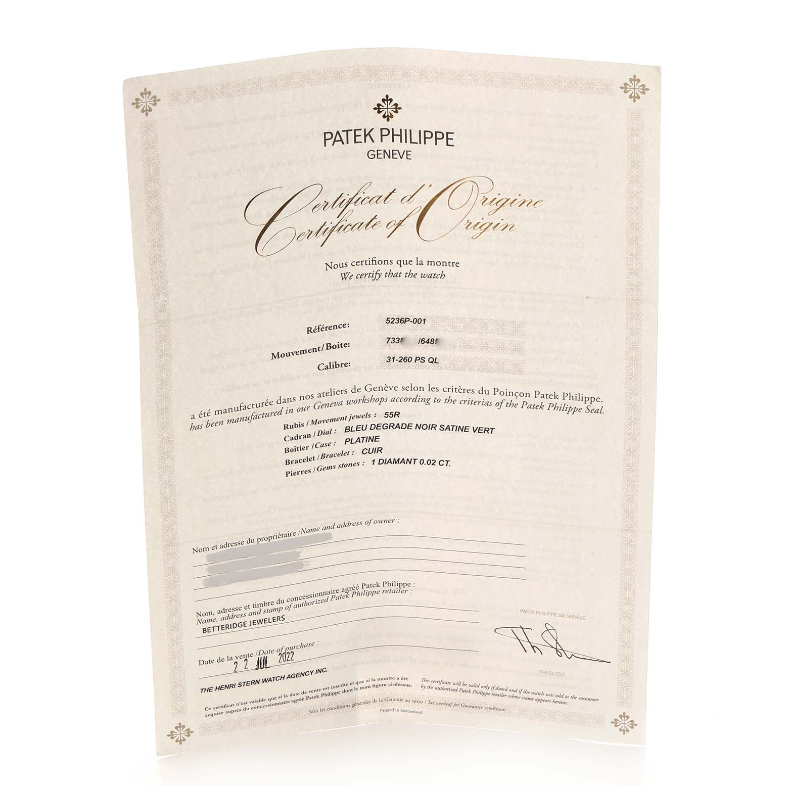 The image shows the Certificate of Origin for a Patek Philippe Complications 5236P Men's Platinum Blue Dial watch, with detailed information about the model.