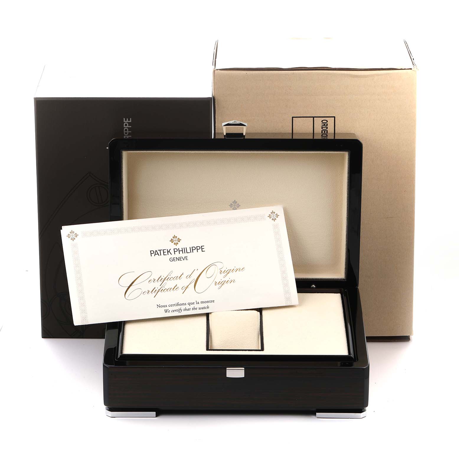 The image shows a Patek Philippe Complications 5236P Men's Platinum Blue Dial model box and a Certificate of Origin, with a focus on the open watch box.