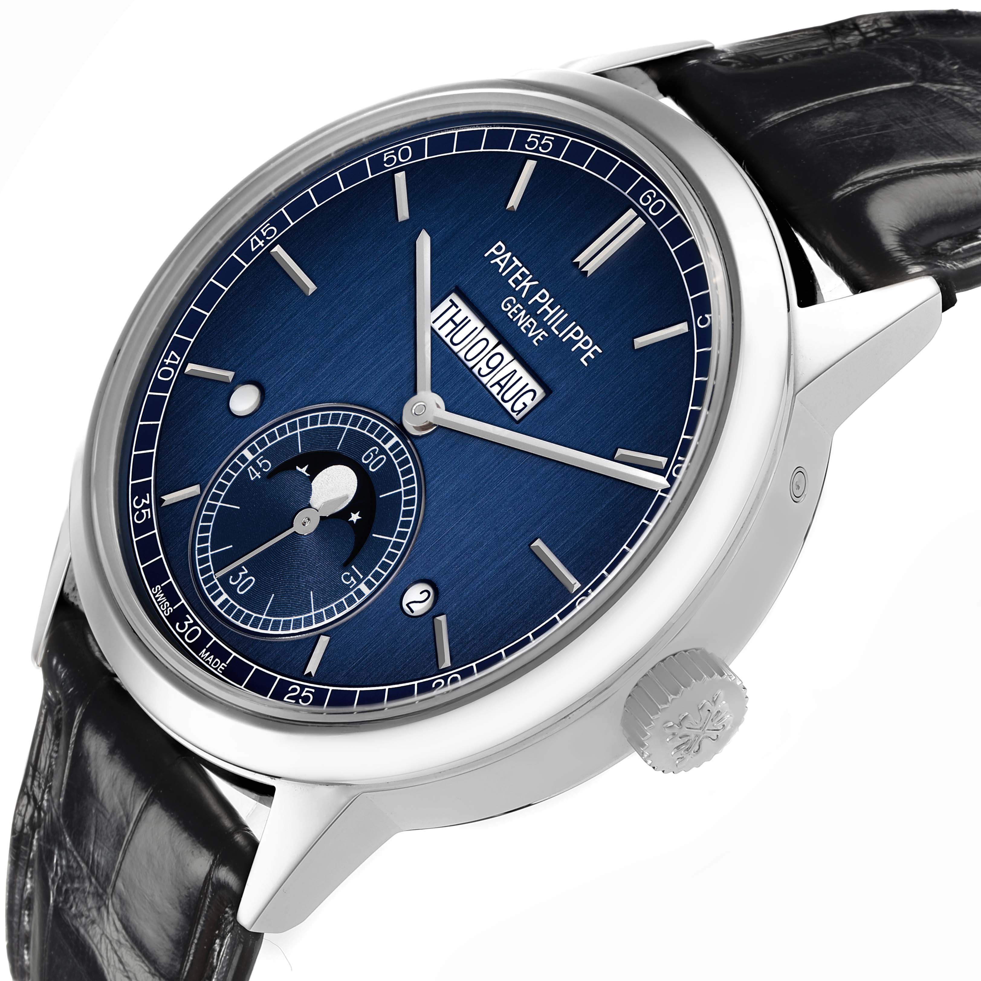 The Patek Philippe Complications 5236P Men's Platinum Blue Dial watch is shown from a tilted side angle, highlighting the dial, crown, and leather strap.
