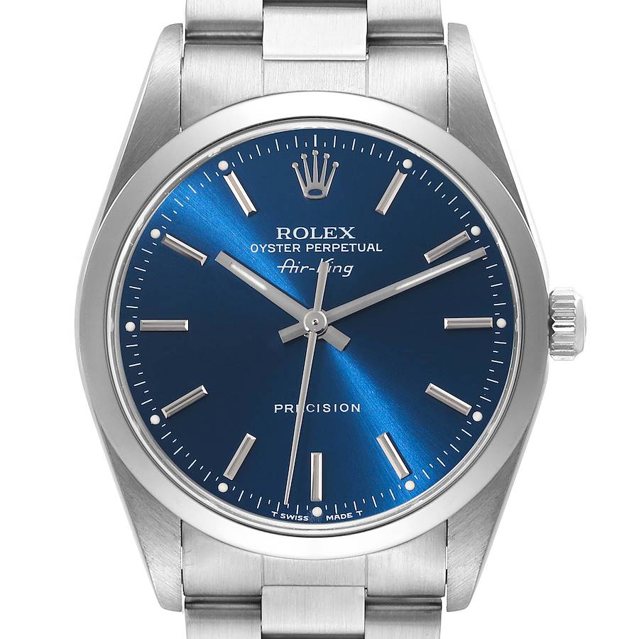 Rolex Air King 34 Blue Dial Smooth Bezel Steel Mens Watch 14000 SwissWatchExpo