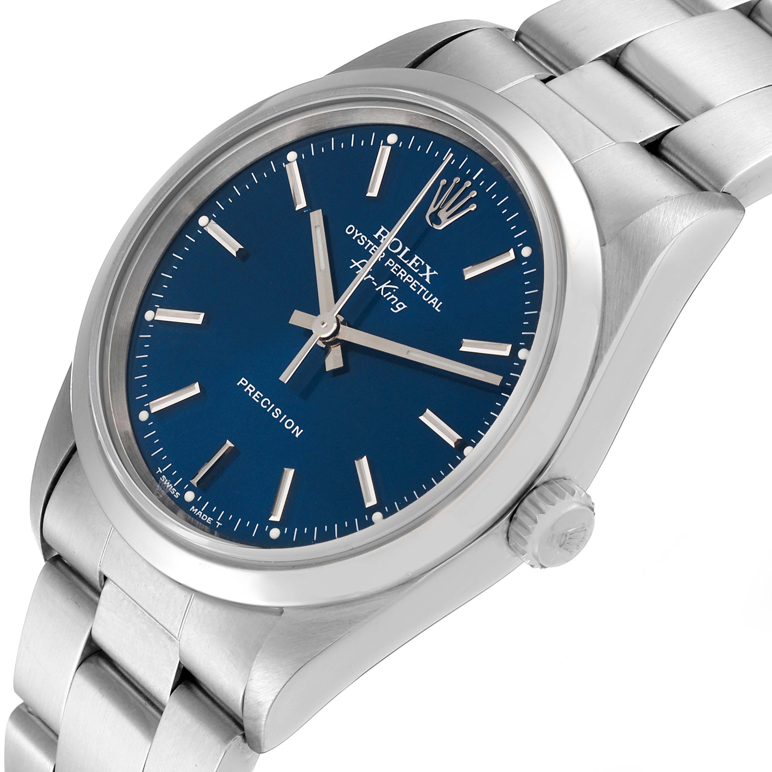 This image shows a Rolex Air-King 14000 Men's Stainless Steel Blue Dial 14000 Men's Stainless Steel Blue Dial watch from an angled side perspective, highlighting its blue dial, crown, and bracelet.