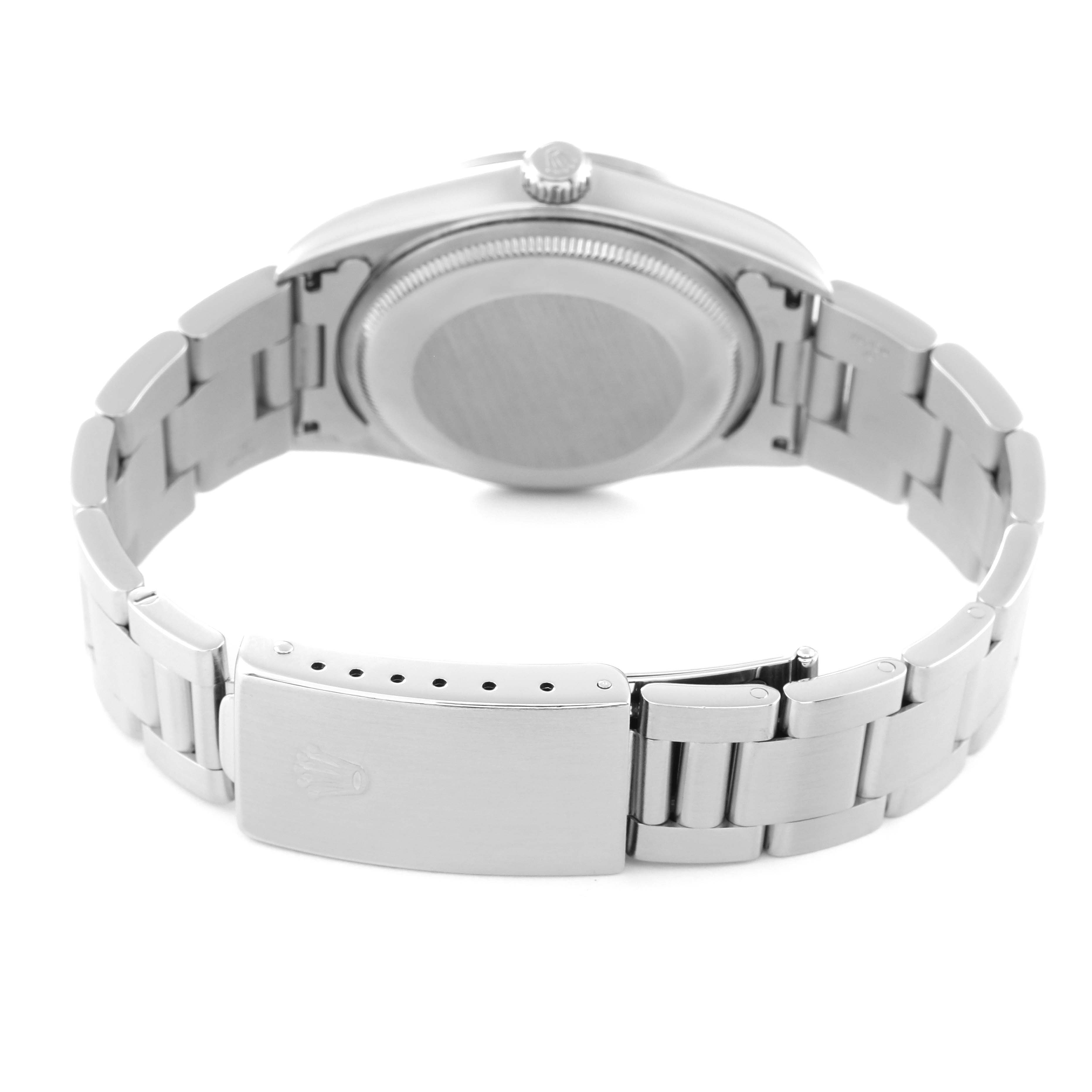 This image shows the back and bracelet clasp of a Rolex Air-King 14000 Men's Stainless Steel Blue Dial 14000 Men's Stainless Steel Blue Dial watch.