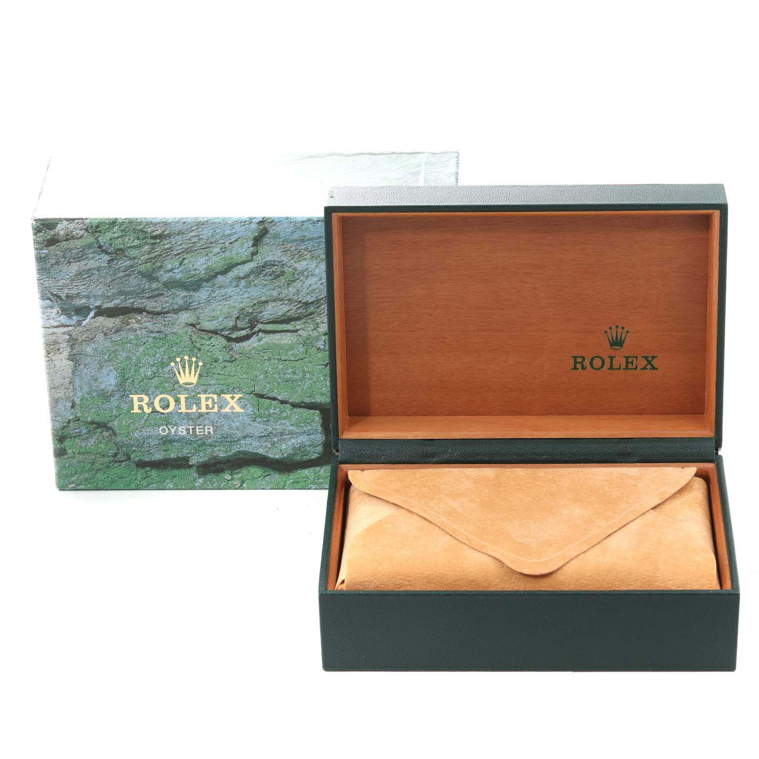 This image shows the packaging and box for the Rolex Air-King 14000 Men's Stainless Steel Blue Dial 14000 Men's Stainless Steel Blue Dial watch, including the outer box and inner wooden case.