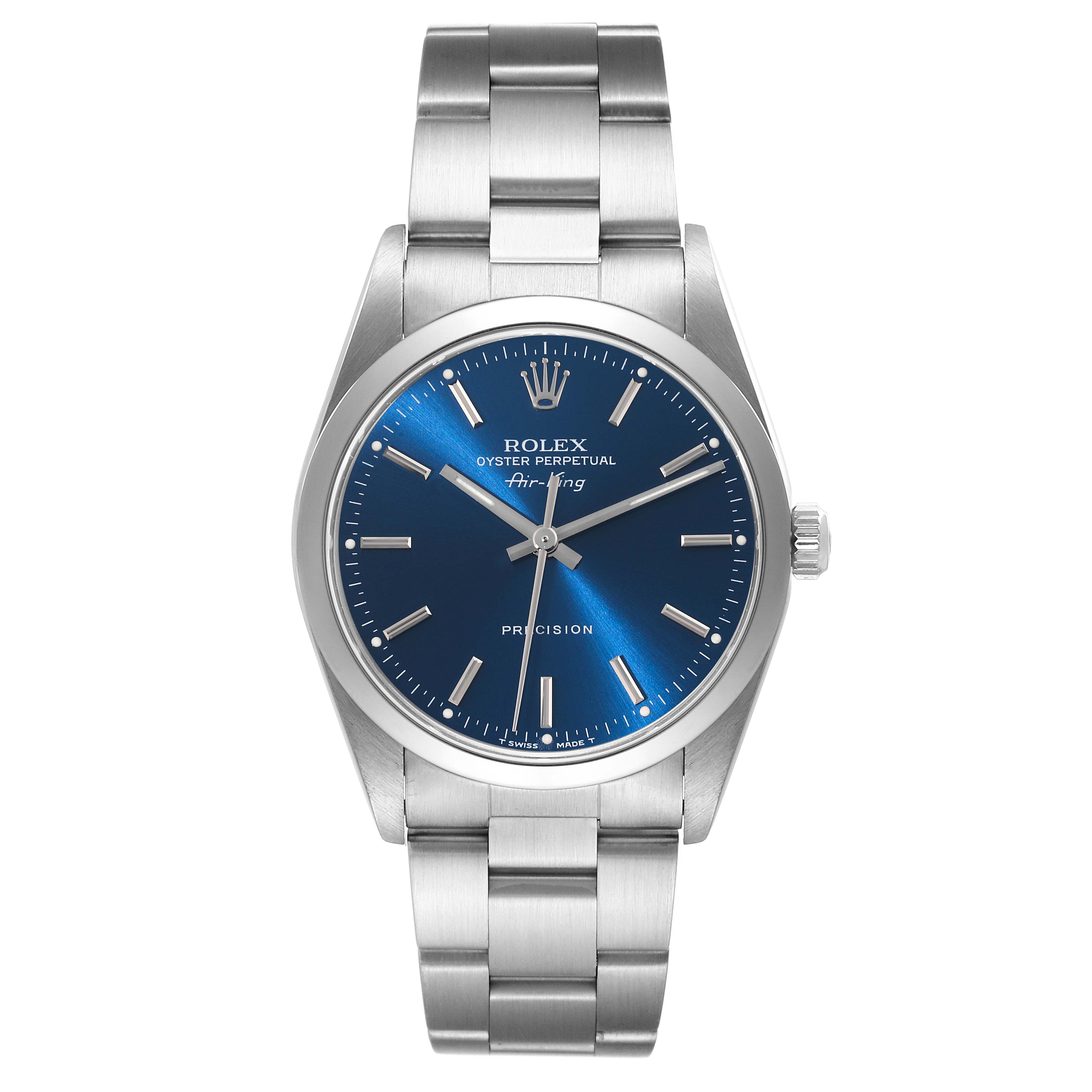 The image shows a front view of a Rolex Air-King 14000 Men's Stainless Steel Blue Dial 14000 Men's Stainless Steel Blue Dial watch displaying the dial, hands, case, and bracelet.