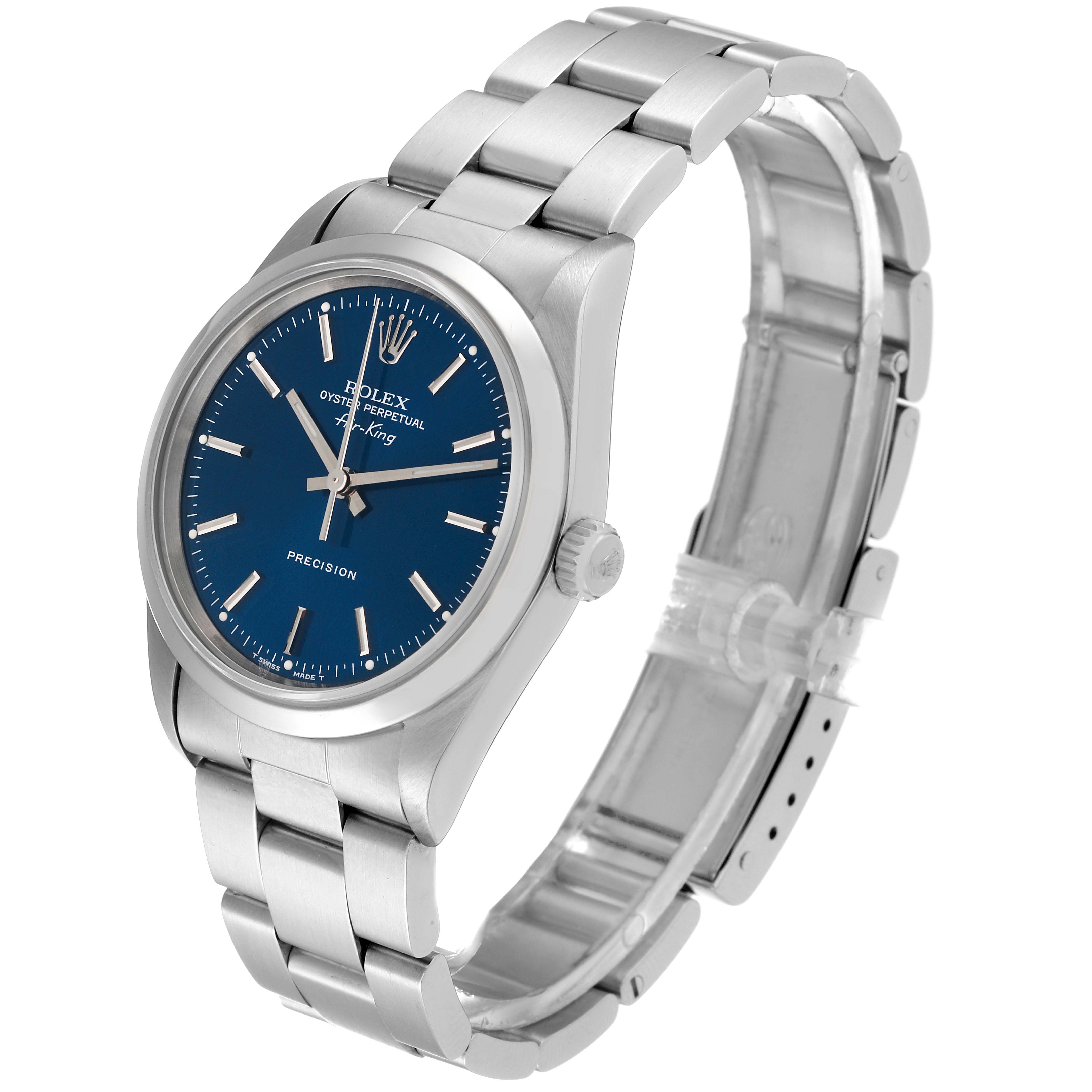 This image shows a Rolex Air-King 14000 Men's Stainless Steel Blue Dial 14000 Men's Stainless Steel Blue Dial watch at a slight left-facing angle, displaying the dial, bezel, crown, and bracelet.