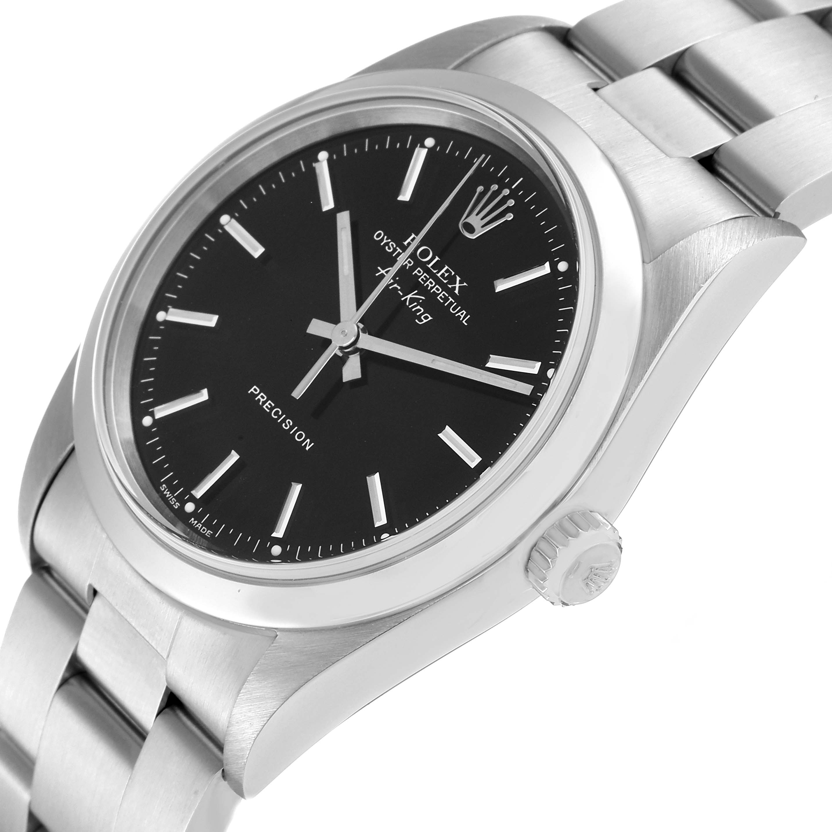 The image shows a side angle of the Rolex Air-King 14000 Men's Stainless Steel Black Dial 14000 Men's Stainless Steel Black Dial watch, featuring the black dial, crown, and part of the stainless steel bracelet.