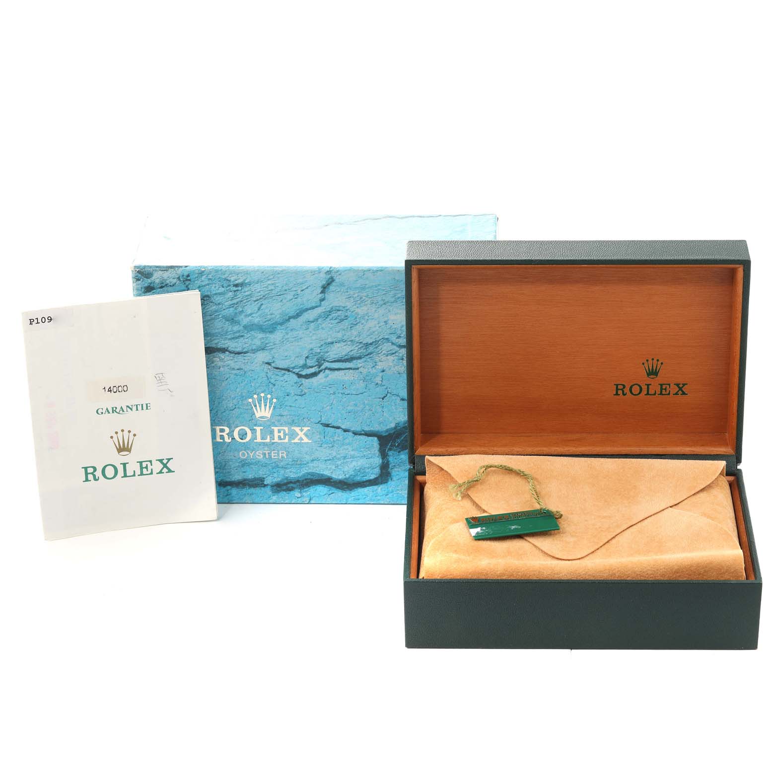 The image shows the packaging, certificate, and an empty case for the Rolex Air-King 14000 Men's Stainless Steel Black Dial 14000 Men's Stainless Steel Black Dial model watch.