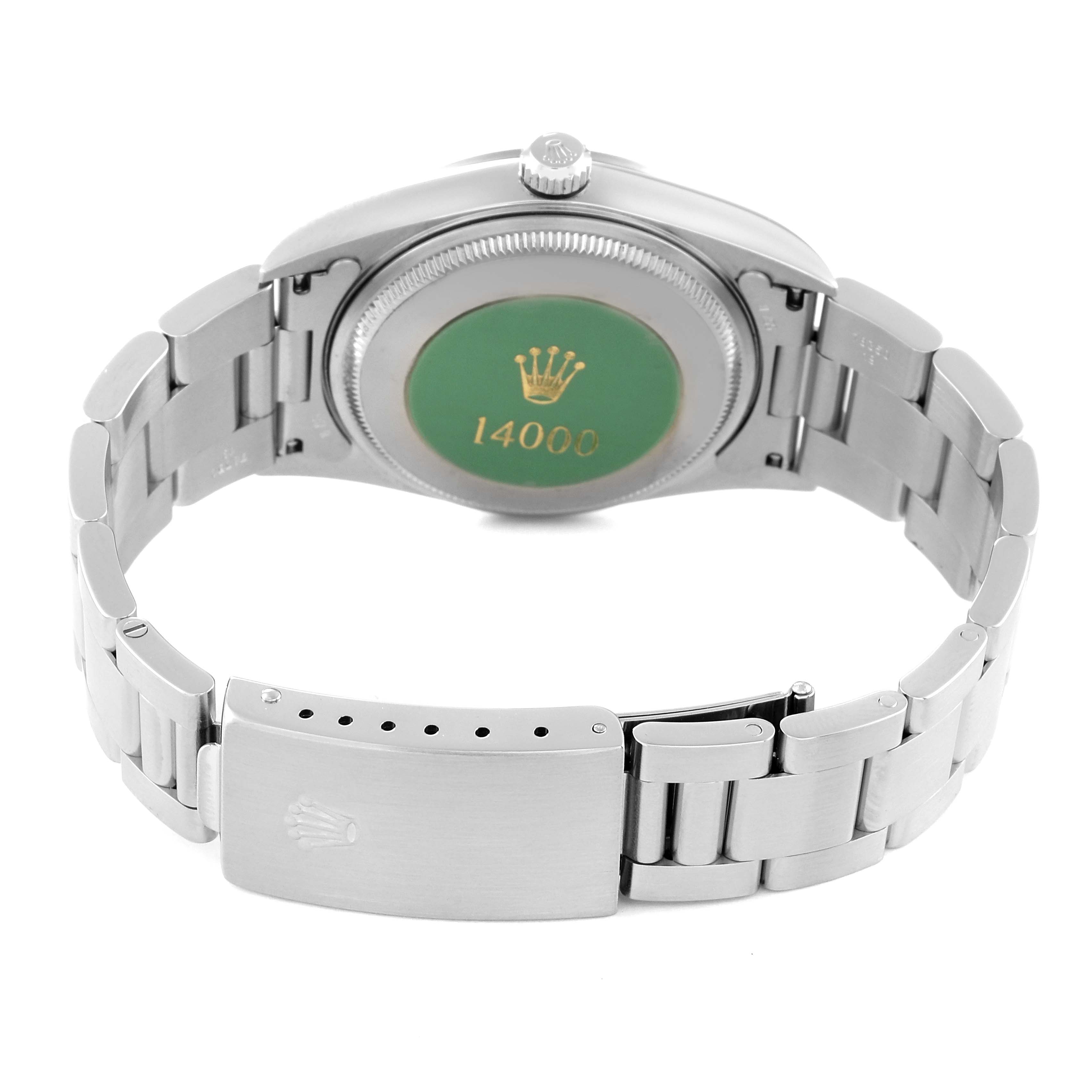 The image shows the backside and bracelet of a Rolex Air-King 14000 Men's Stainless Steel Black Dial 14000 Men's Stainless Steel Black Dial watch, highlighting the clasp and case back details.