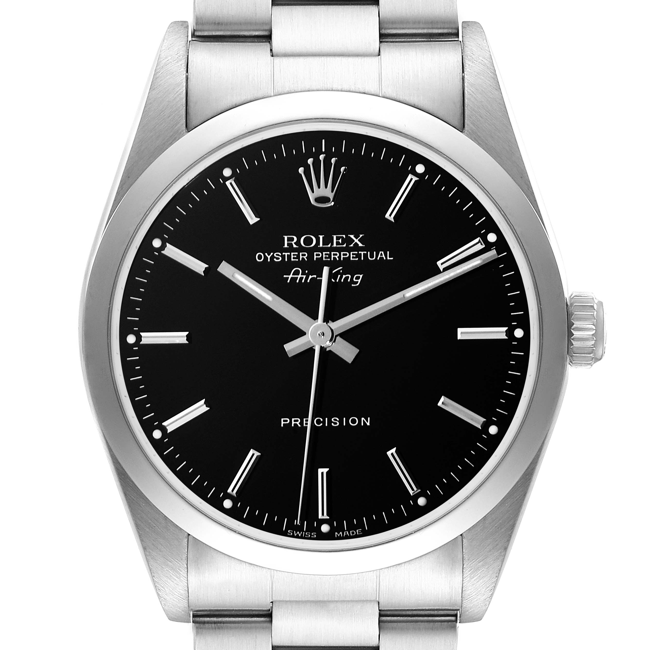 This image shows a front view of a Rolex Air-King 14000 Men's Stainless Steel Black Dial 14000 Men's Stainless Steel Black Dial watch, displaying the face, crown, and part of the bracelet.