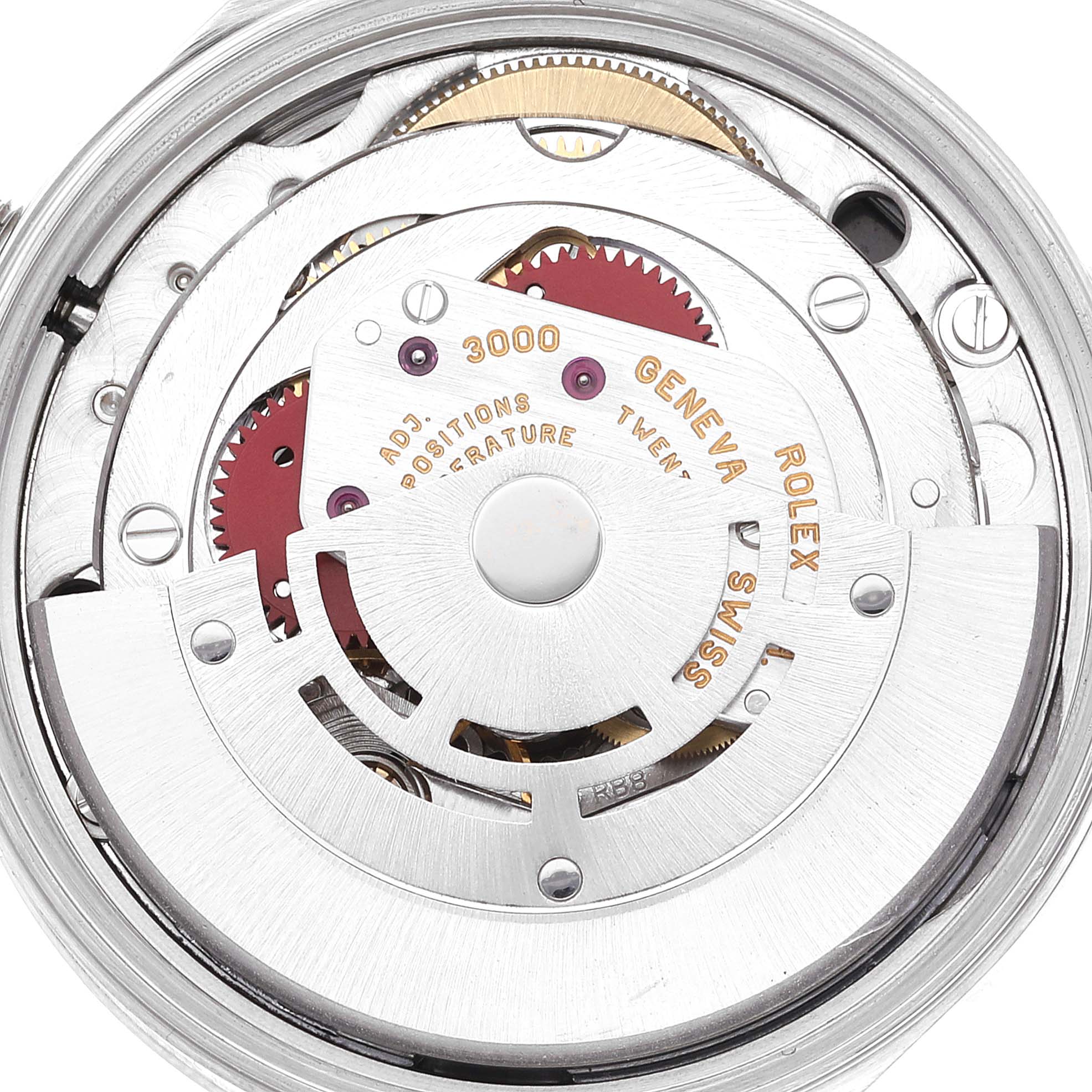 This image shows a close-up view of the movement mechanism inside the Rolex Air-King 14000 Men's Stainless Steel Black Dial 14000 Men's Stainless Steel Black Dial watch.