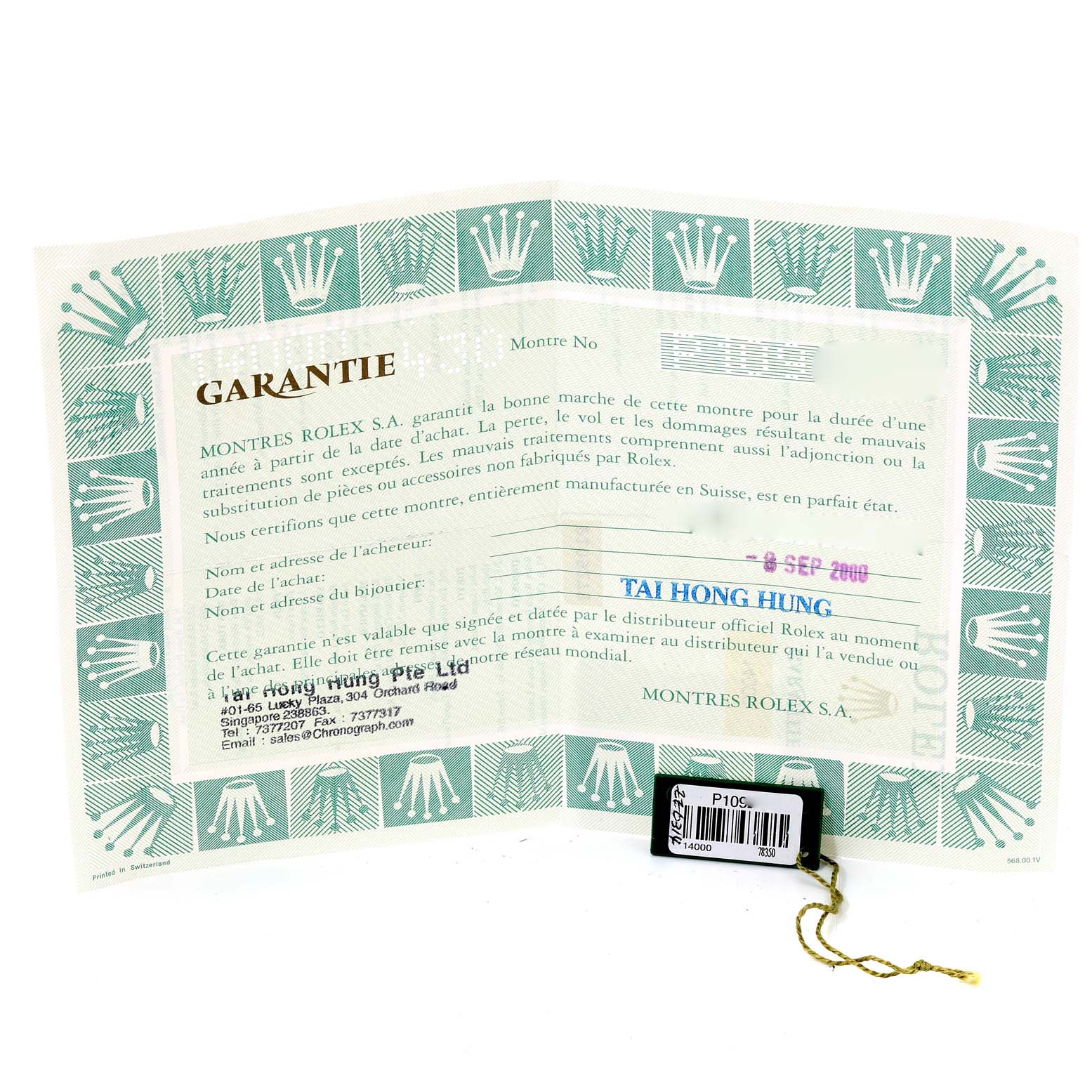 The image shows the warranty card and tag for a Rolex Air-King 14000 Men's Stainless Steel Black Dial 14000 Men's Stainless Steel Black Dial watch.