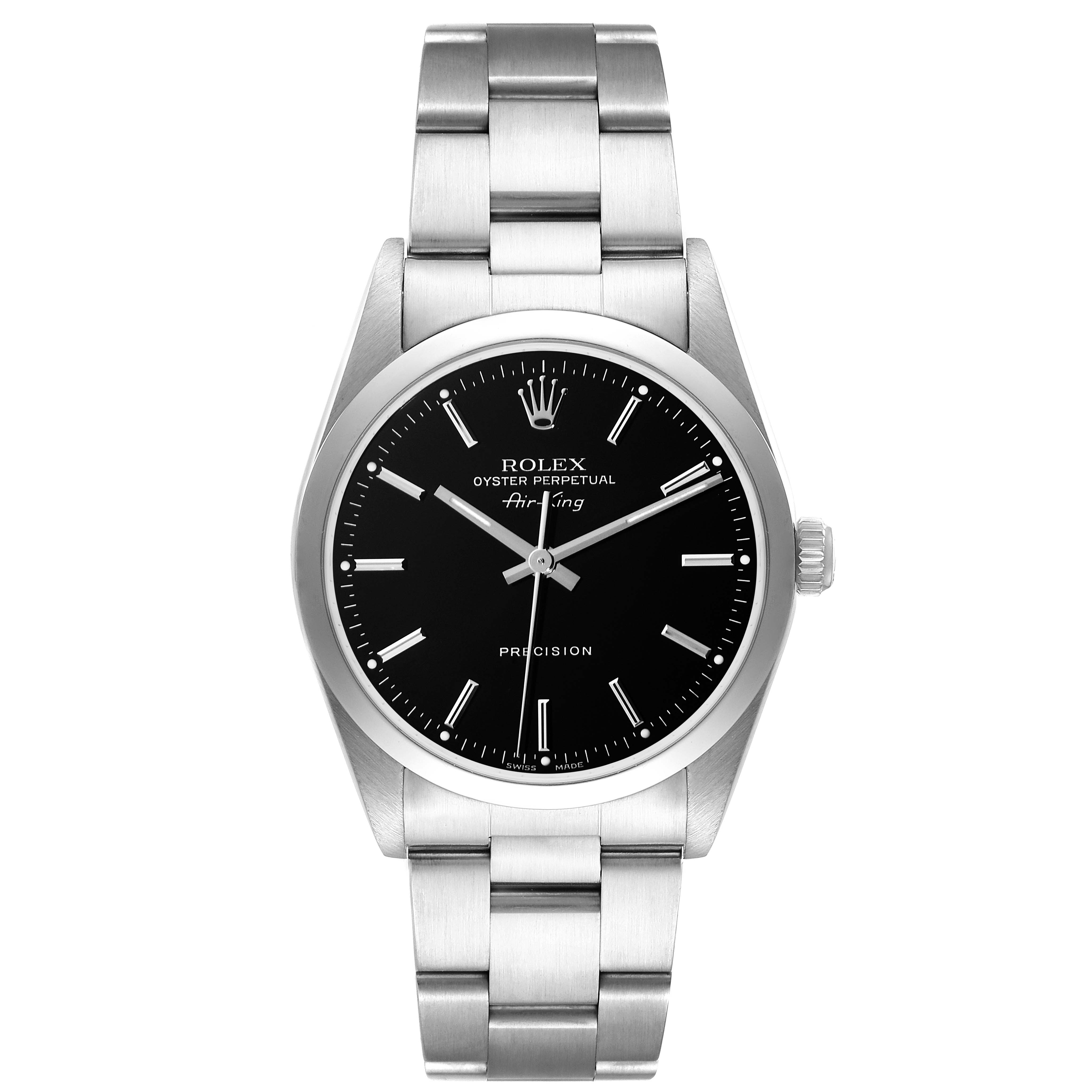 The image shows a front view of a Rolex Air-King 14000 Men's Stainless Steel Black Dial 14000 Men's Stainless Steel Black Dial watch, displaying the face, bezel, and bracelet.