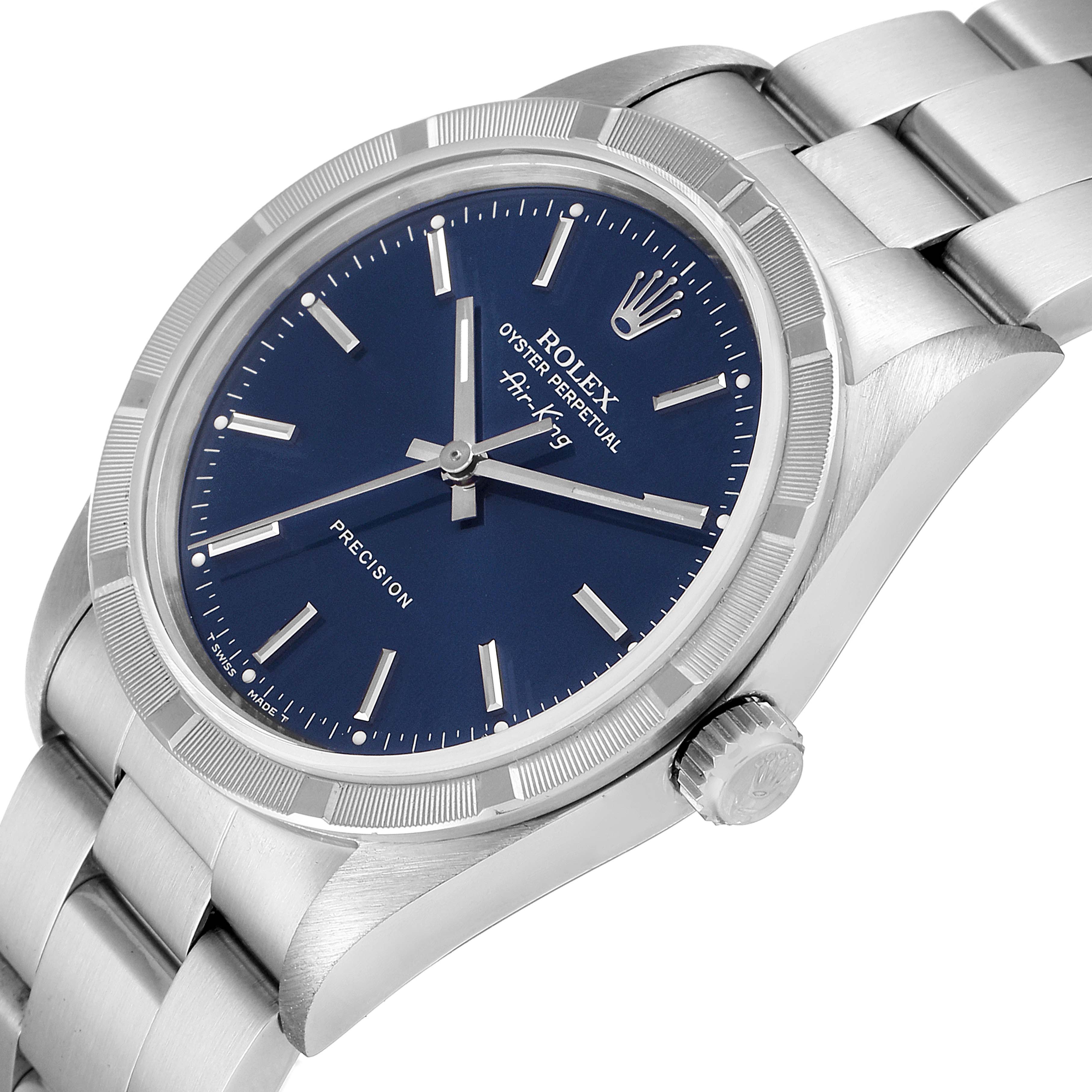The Rolex Air-King 14010 Men's Stainless Steel Blue Dial 14010 Men's Stainless Steel Blue Dial watch is shown at a slight angle, highlighting the dial, bezel, crown, and part of the bracelet.