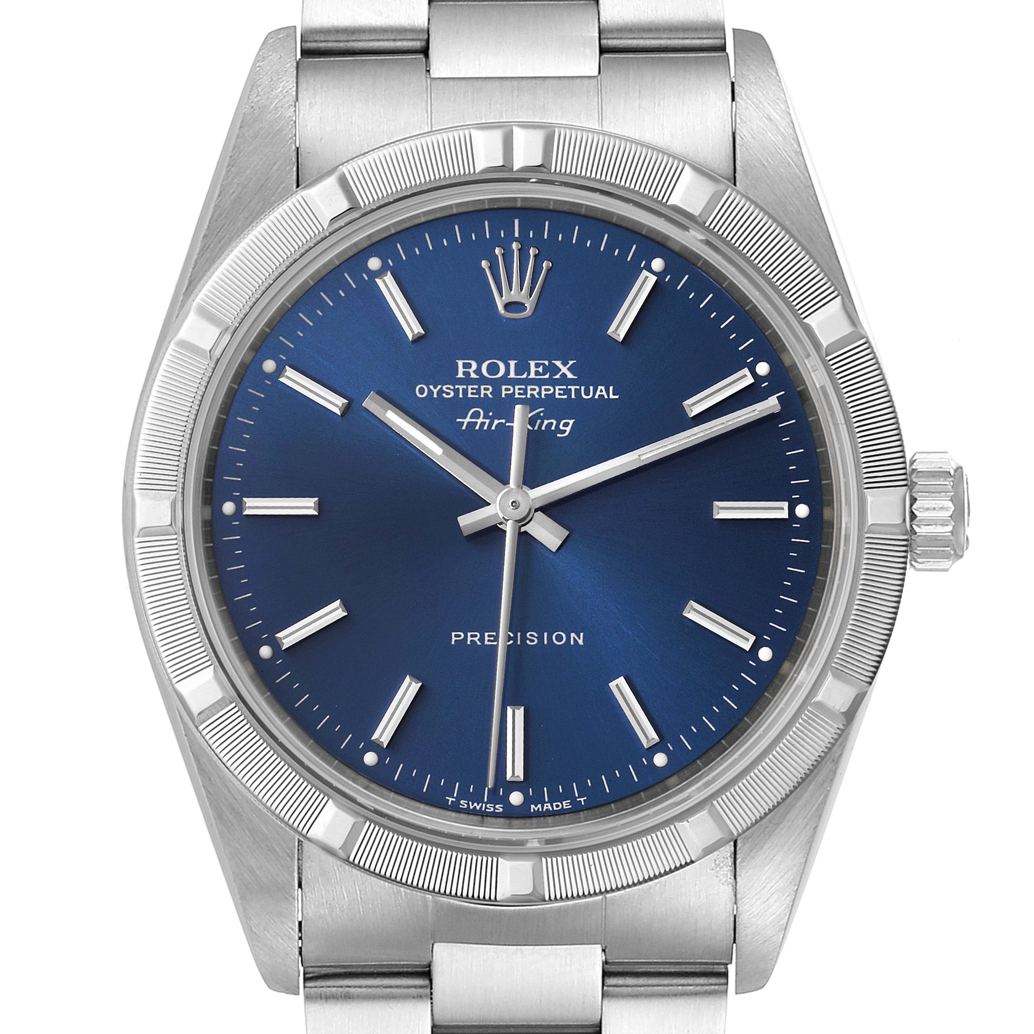 Front view of the Rolex Air-King 14010 Men's Stainless Steel Blue Dial 14010 Men's Stainless Steel Blue Dial watch showing the face, bezel, and part of the bracelet.