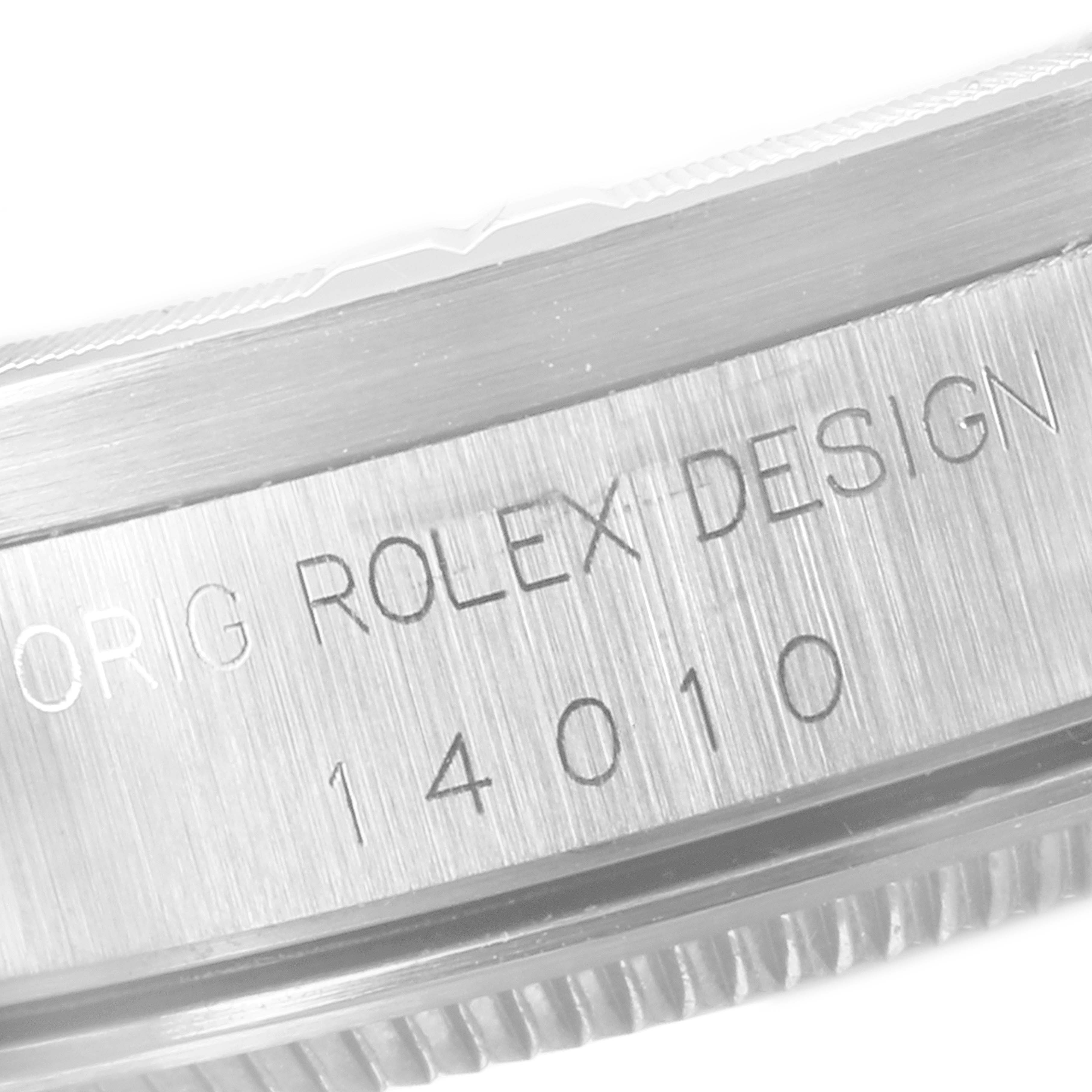 This image shows a close-up of the case side engraving of a Rolex Air-King 14010 Men's Stainless Steel Blue Dial 14010 Men's Stainless Steel Blue Dial watch.