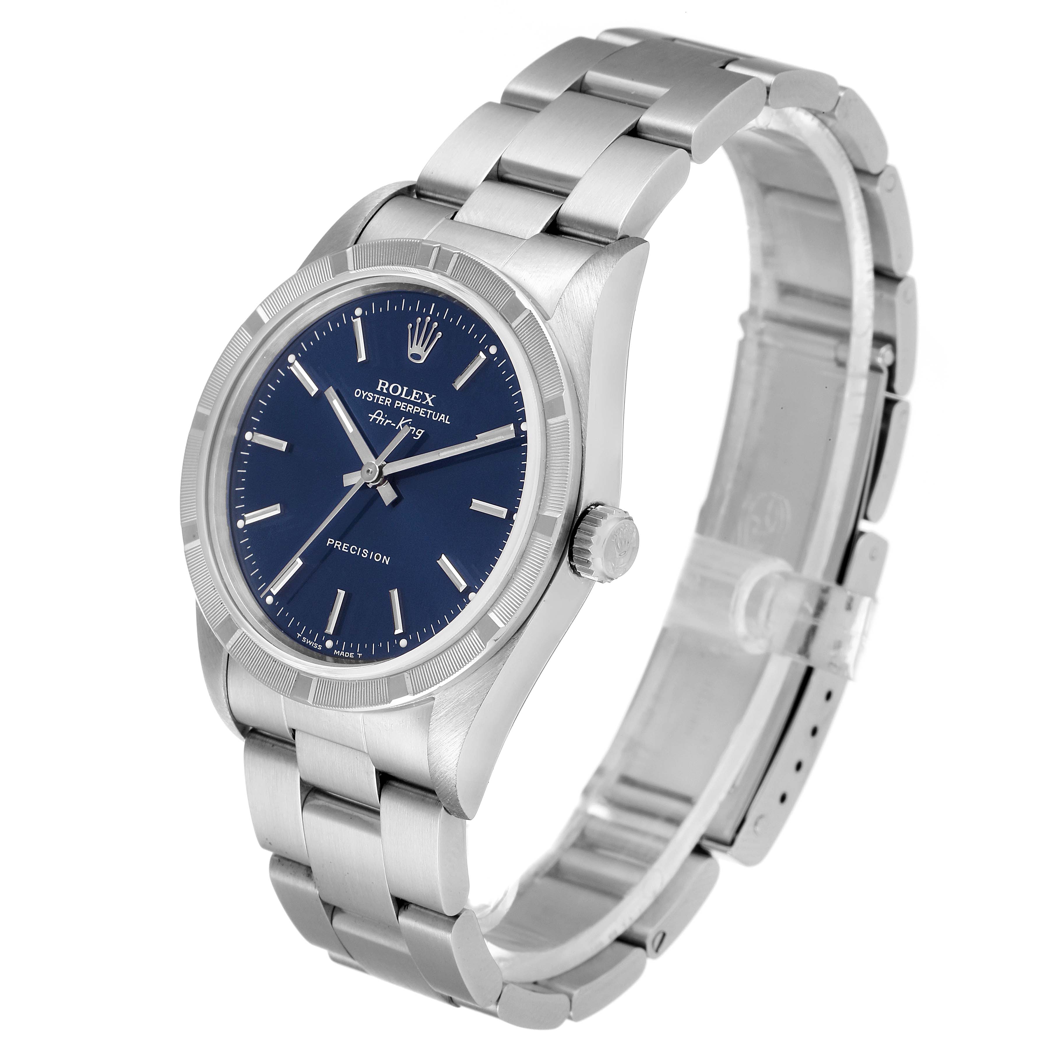 This image shows a Rolex Air-King 14010 Men's Stainless Steel Blue Dial 14010 Men's Stainless Steel Blue Dial watch from a three-quarter angle, displaying its face, crown, and bracelet.