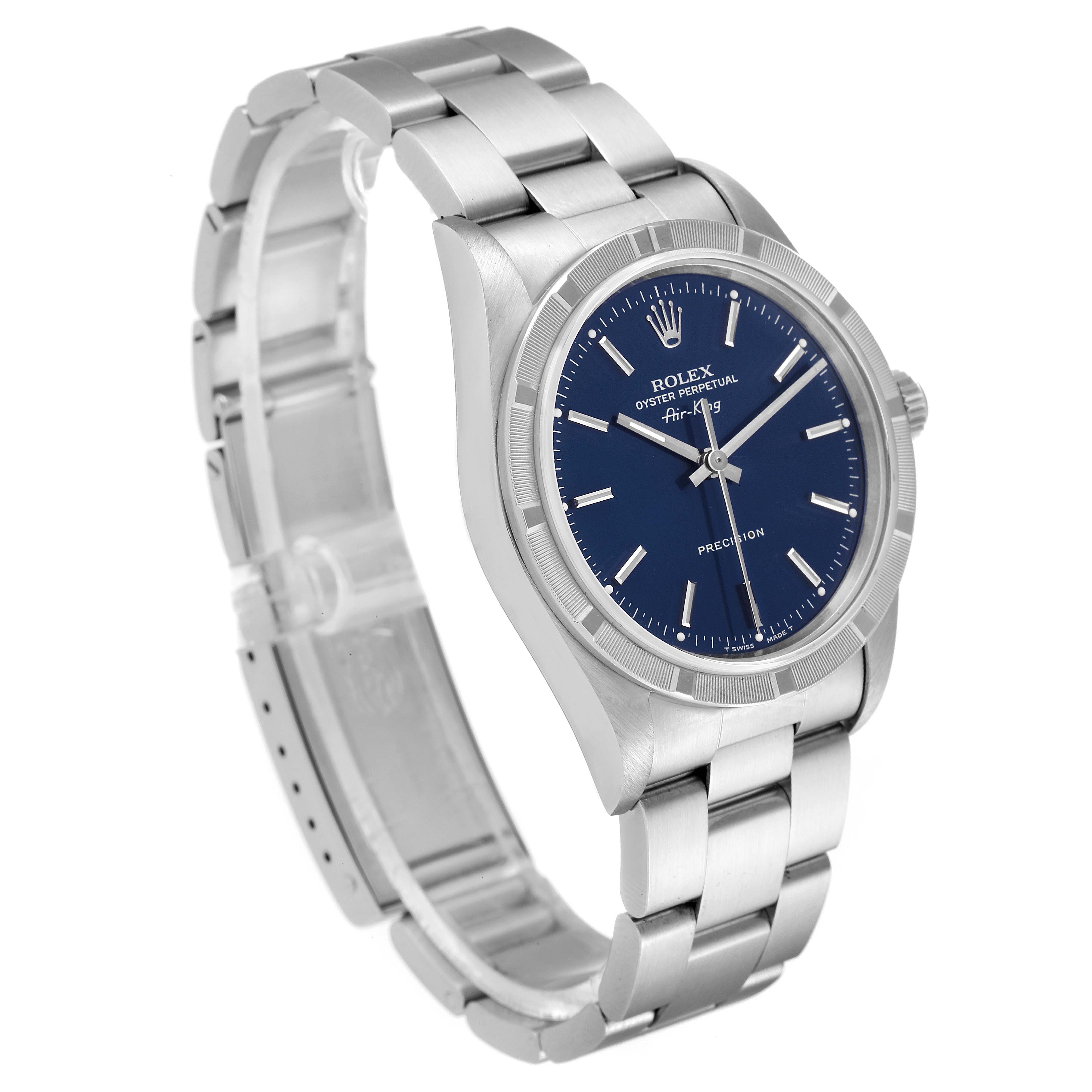 The image shows a Rolex Air-King 14010 Men's Stainless Steel Blue Dial 14010 Men's Stainless Steel Blue Dial watch with a blue dial and stainless steel bracelet from a three-quarter angle.