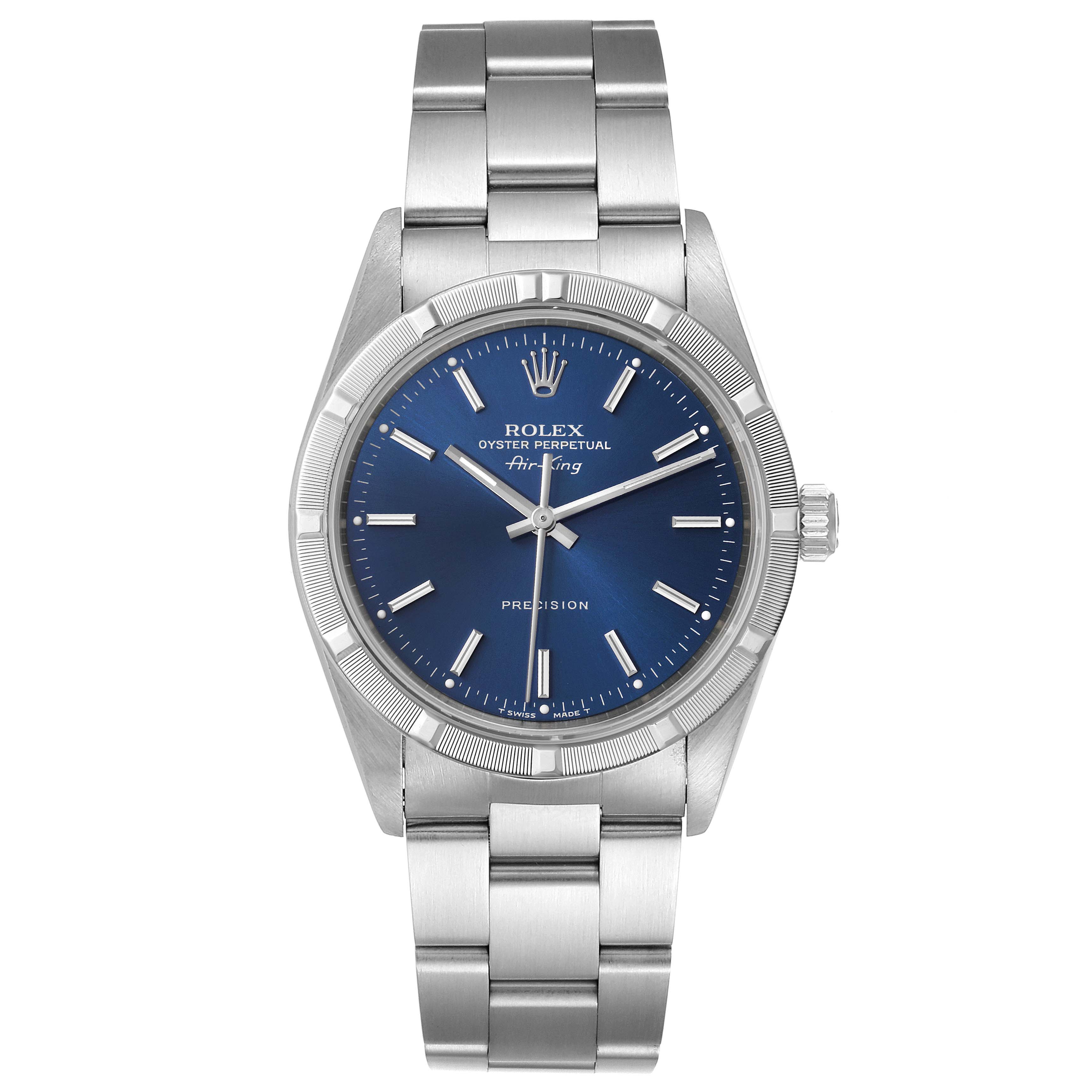The image shows a front view of a Rolex Air-King 14010 Men's Stainless Steel Blue Dial 14010 Men's Stainless Steel Blue Dial watch, featuring the dial, casing, and bracelet.