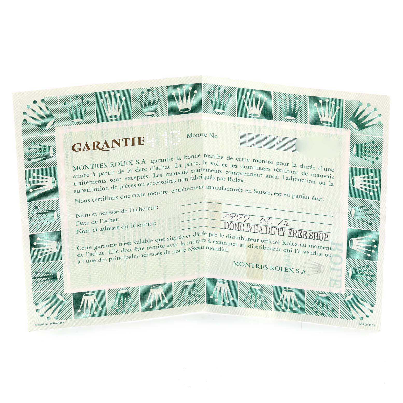 This is a warranty certificate for a Rolex Air-King 14000 Men's Stainless Steel Silver Dial 14000 Men's Stainless Steel Silver Dial watch, shot from a top-down angle.