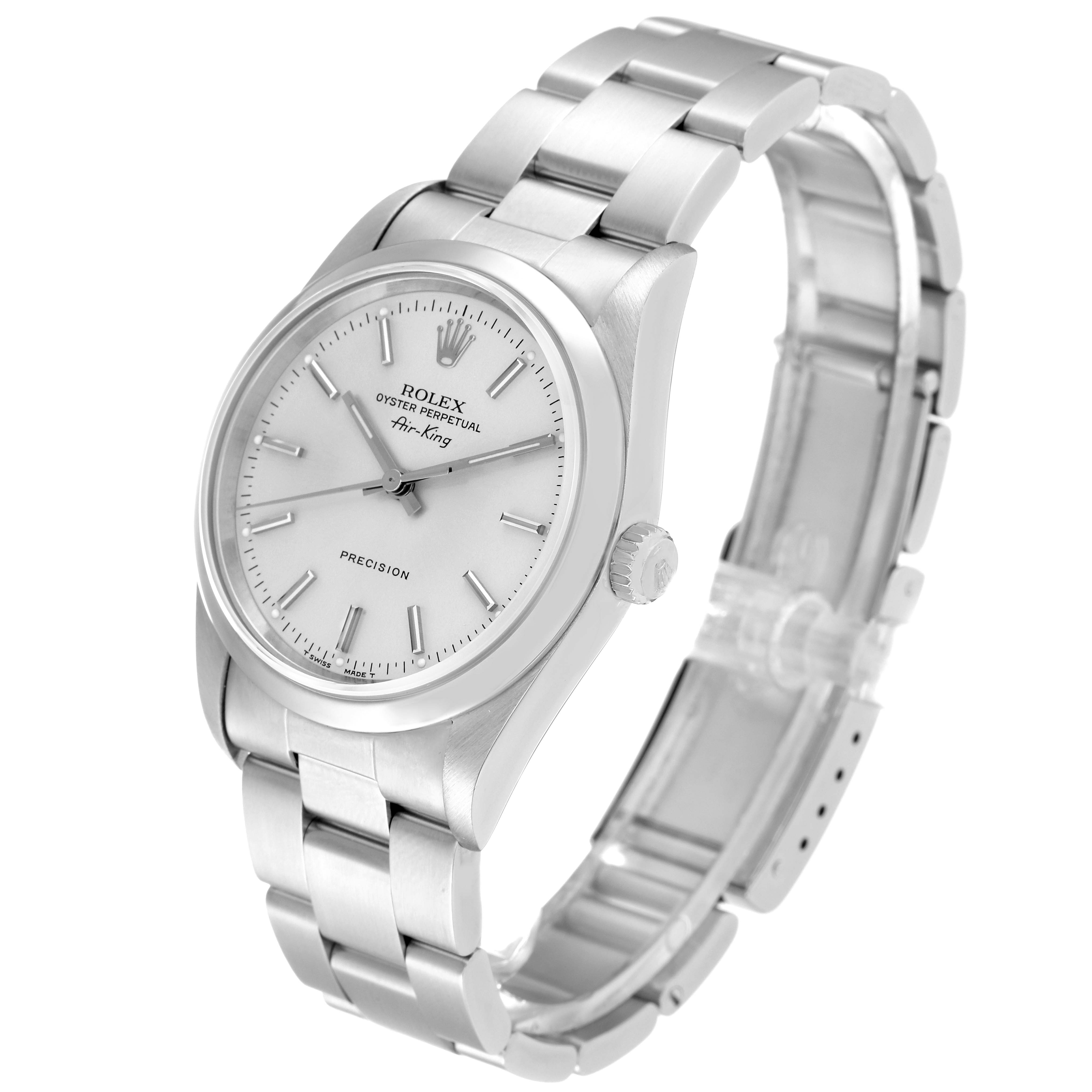 The Rolex Air-King 14000 Men's Stainless Steel Silver Dial 14000 Men's Stainless Steel Silver Dial watch is shown at a slight angle, highlighting the dial, case, bracelet, and crown.