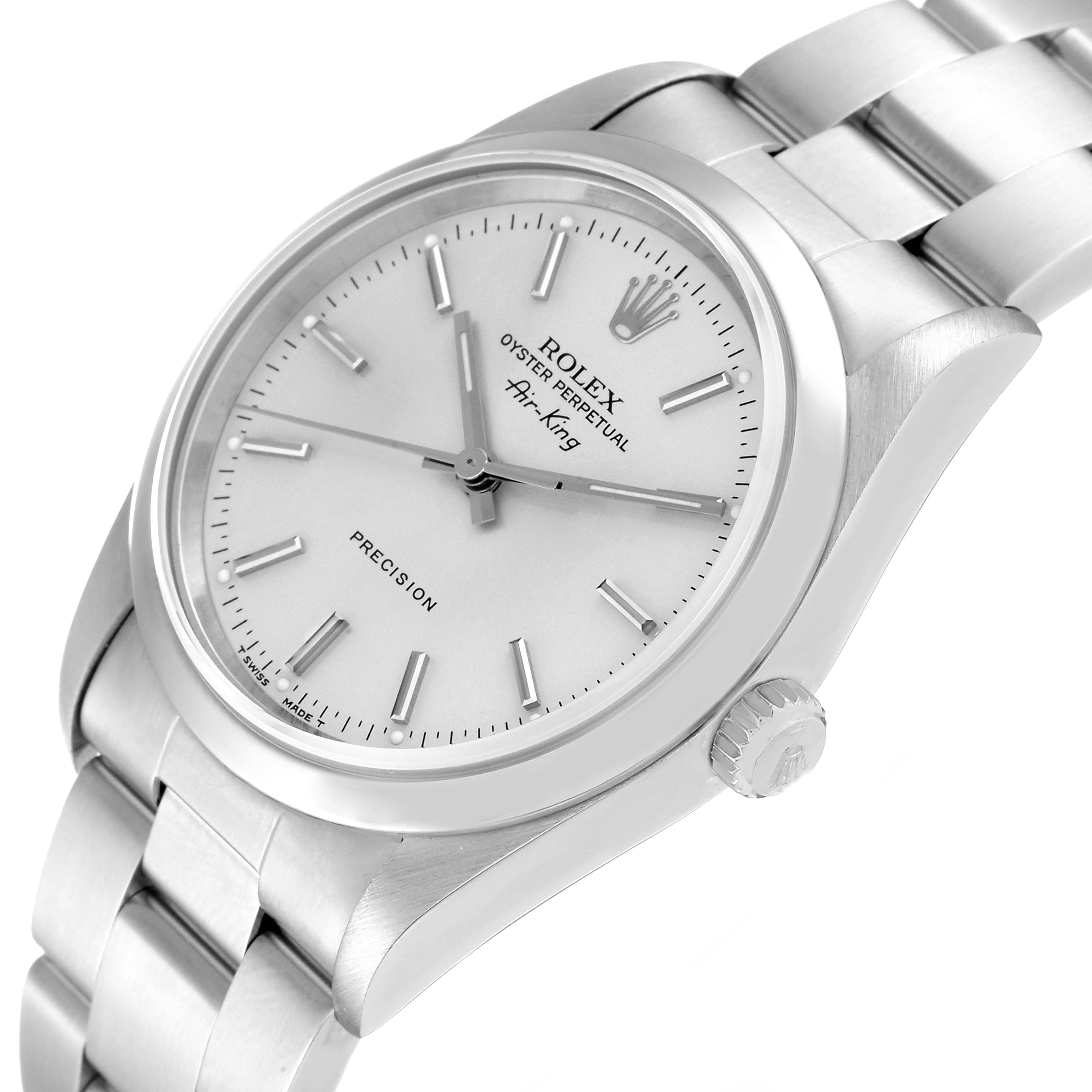 The Rolex Air-King 14000 Men's Stainless Steel Silver Dial 14000 Men's Stainless Steel Silver Dial watch is shown at a slight angle, featuring its dial, crown, and bracelet.
